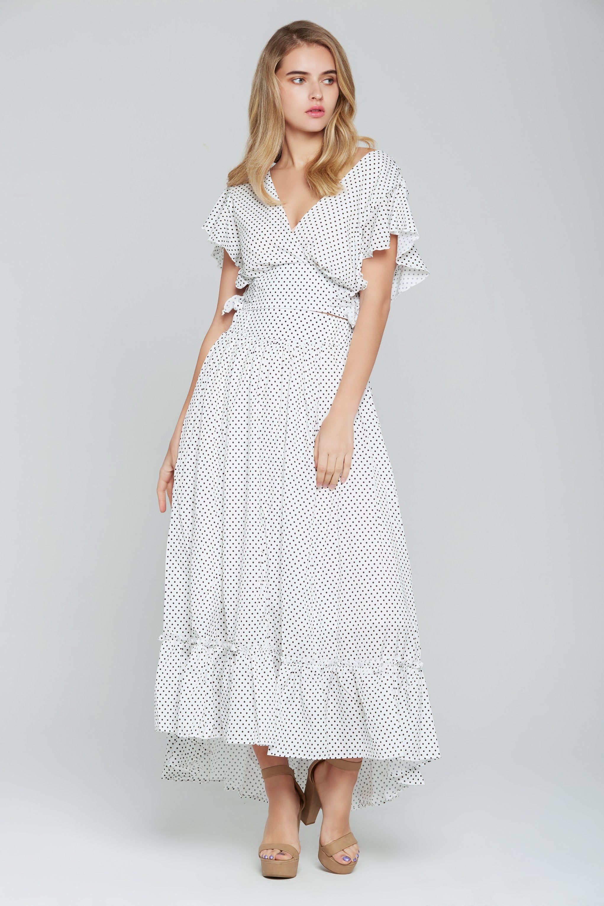 White and Black Polka dots Crop Top and Ruffled Skirt Set - ownthelooks-Development