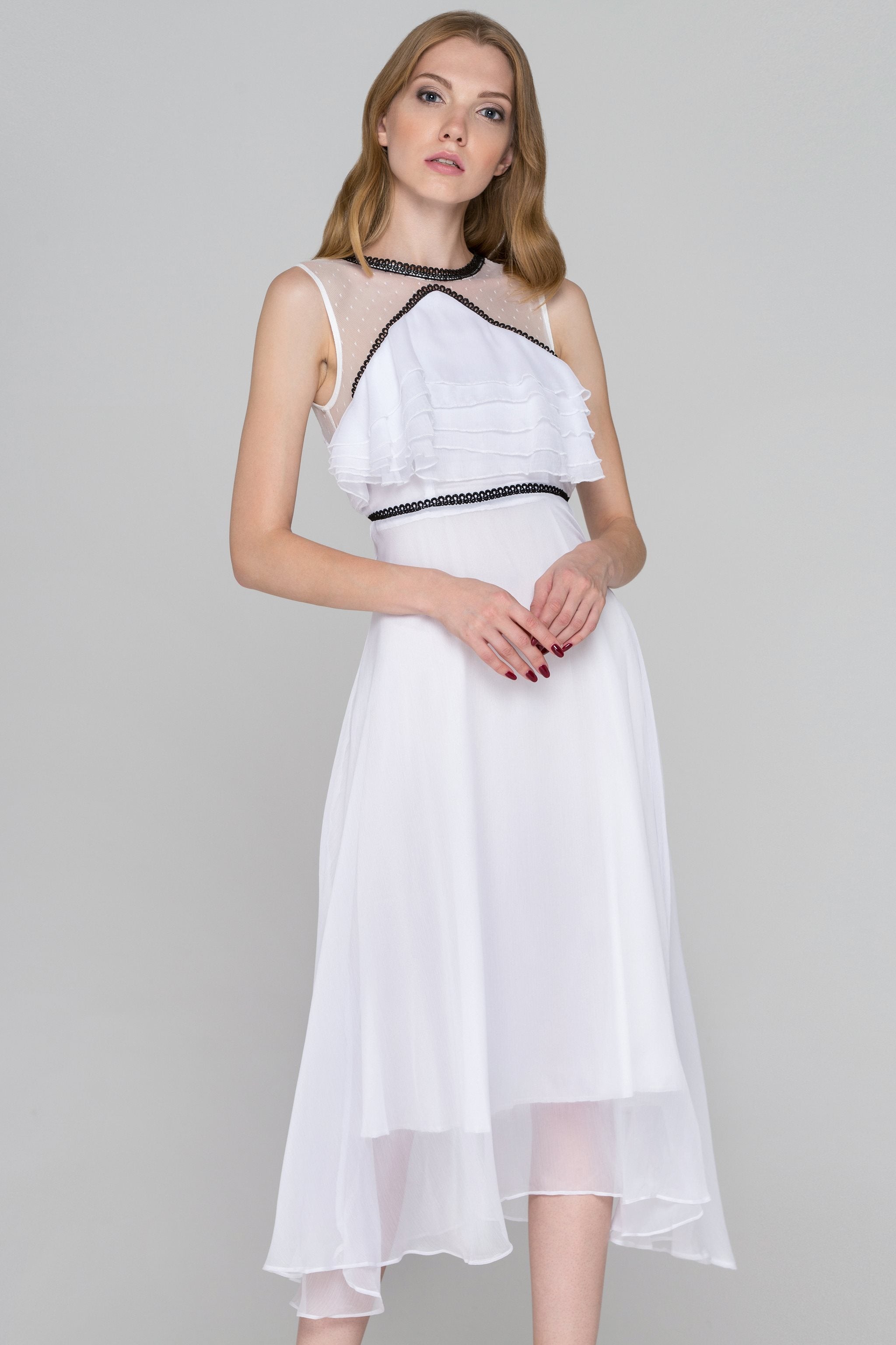 White and Black Trim Sheer Chiffon midi Dress - ownthelooks-Development