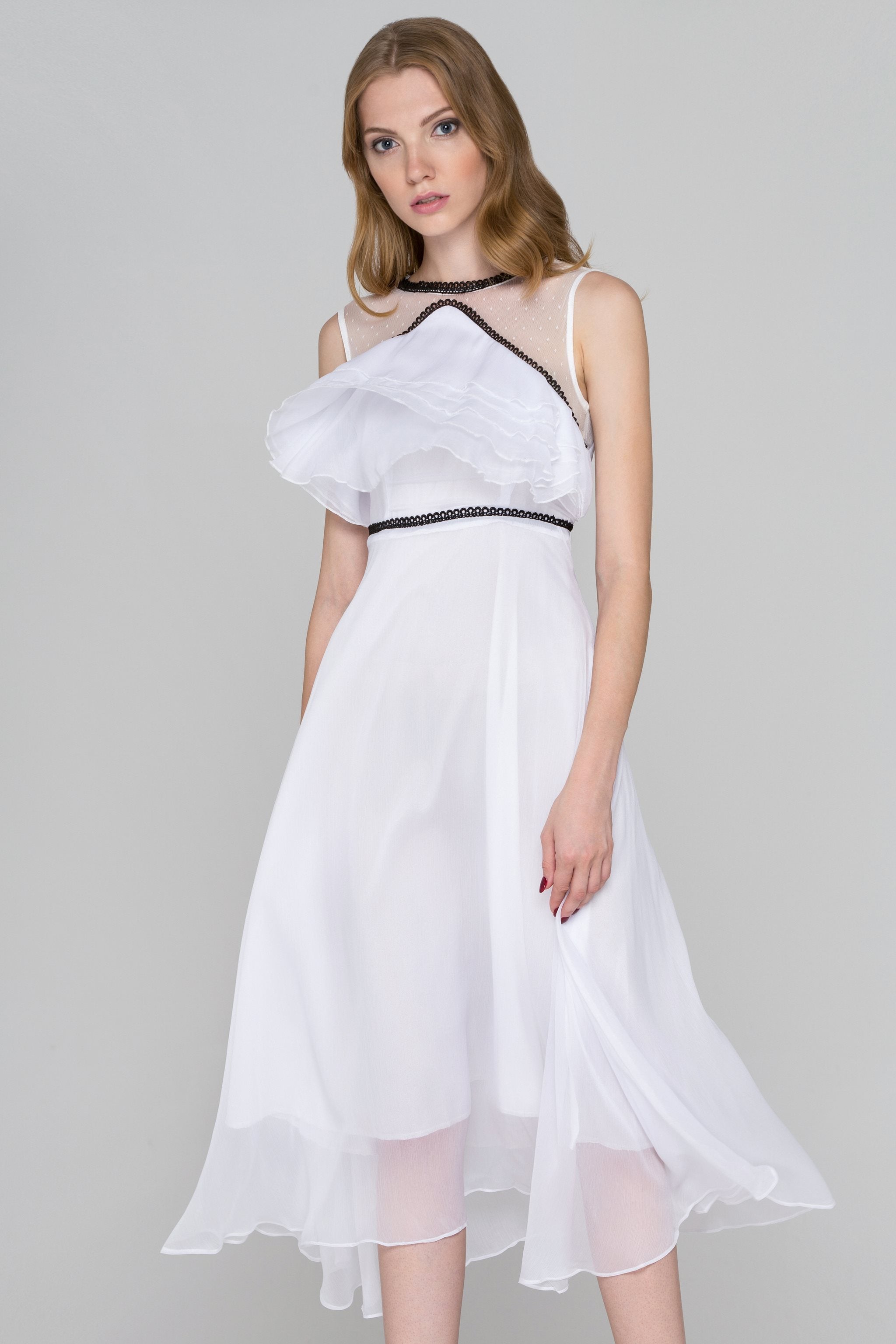 White and Black Trim Sheer Chiffon midi Dress - ownthelooks-Development