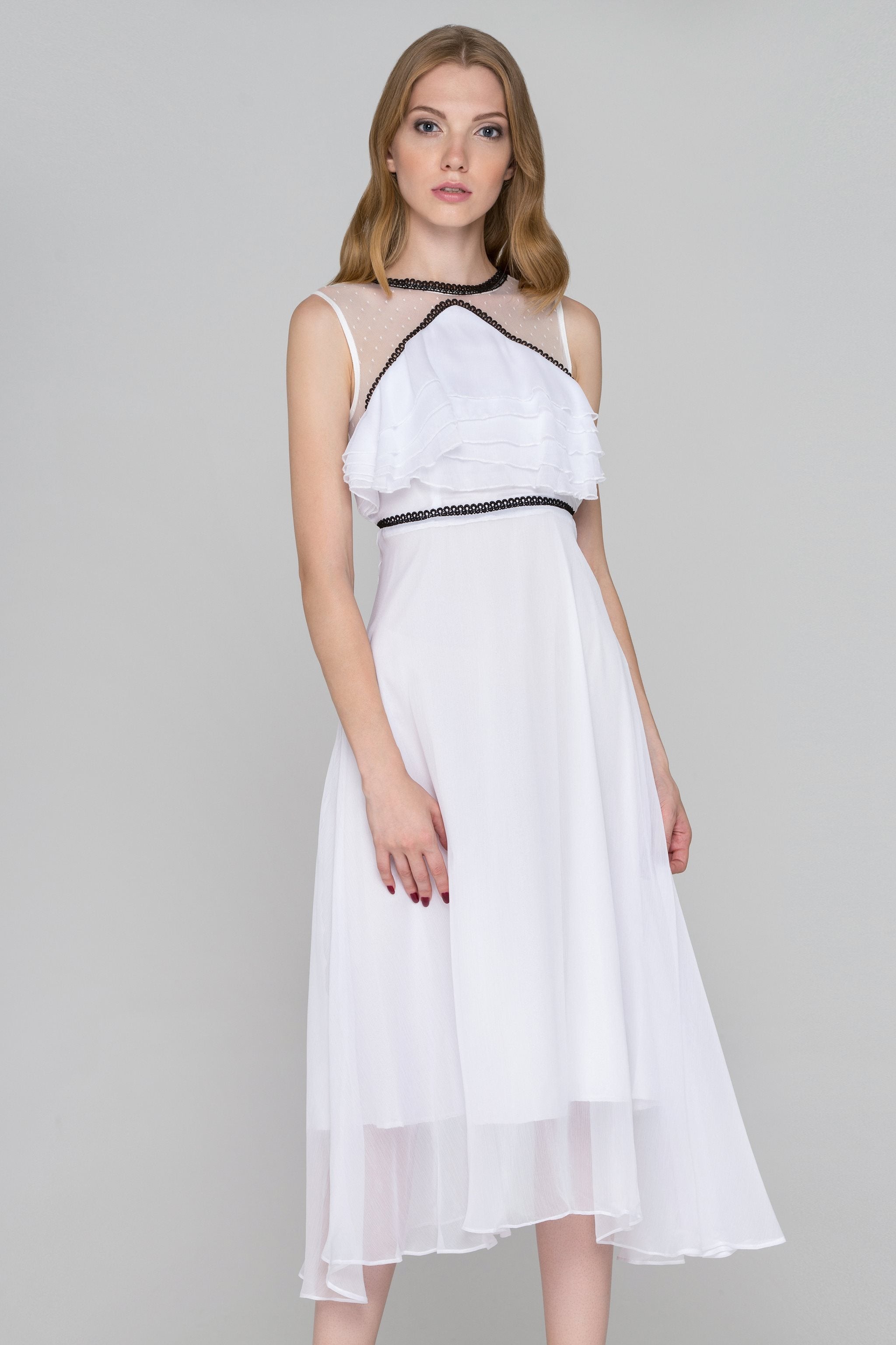 White and Black Trim Sheer Chiffon midi Dress - ownthelooks-Development