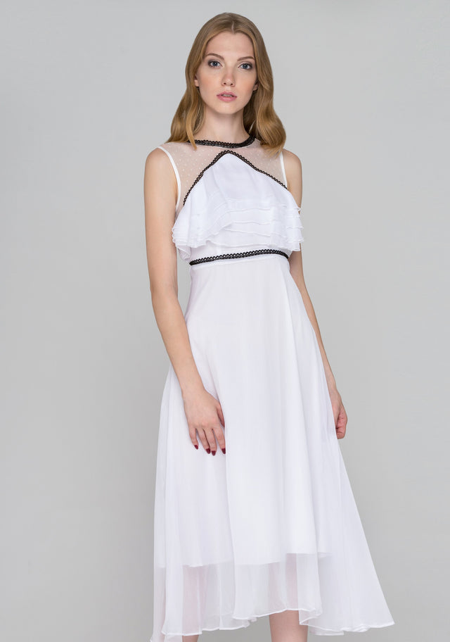 White and Black Trim Sheer Chiffon midi Dress - ownthelooks-Development