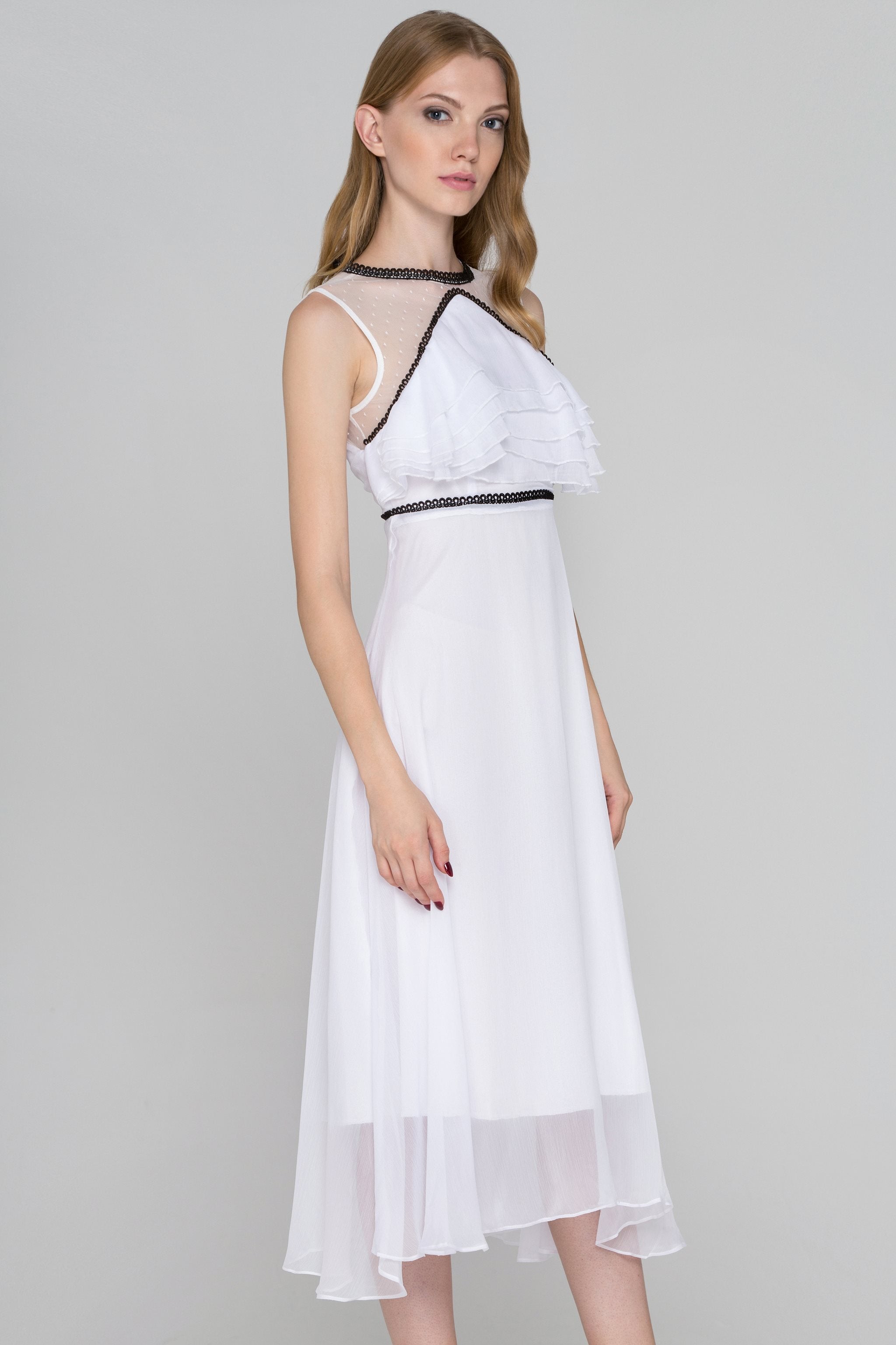 White and Black Trim Sheer Chiffon midi Dress - ownthelooks-Development