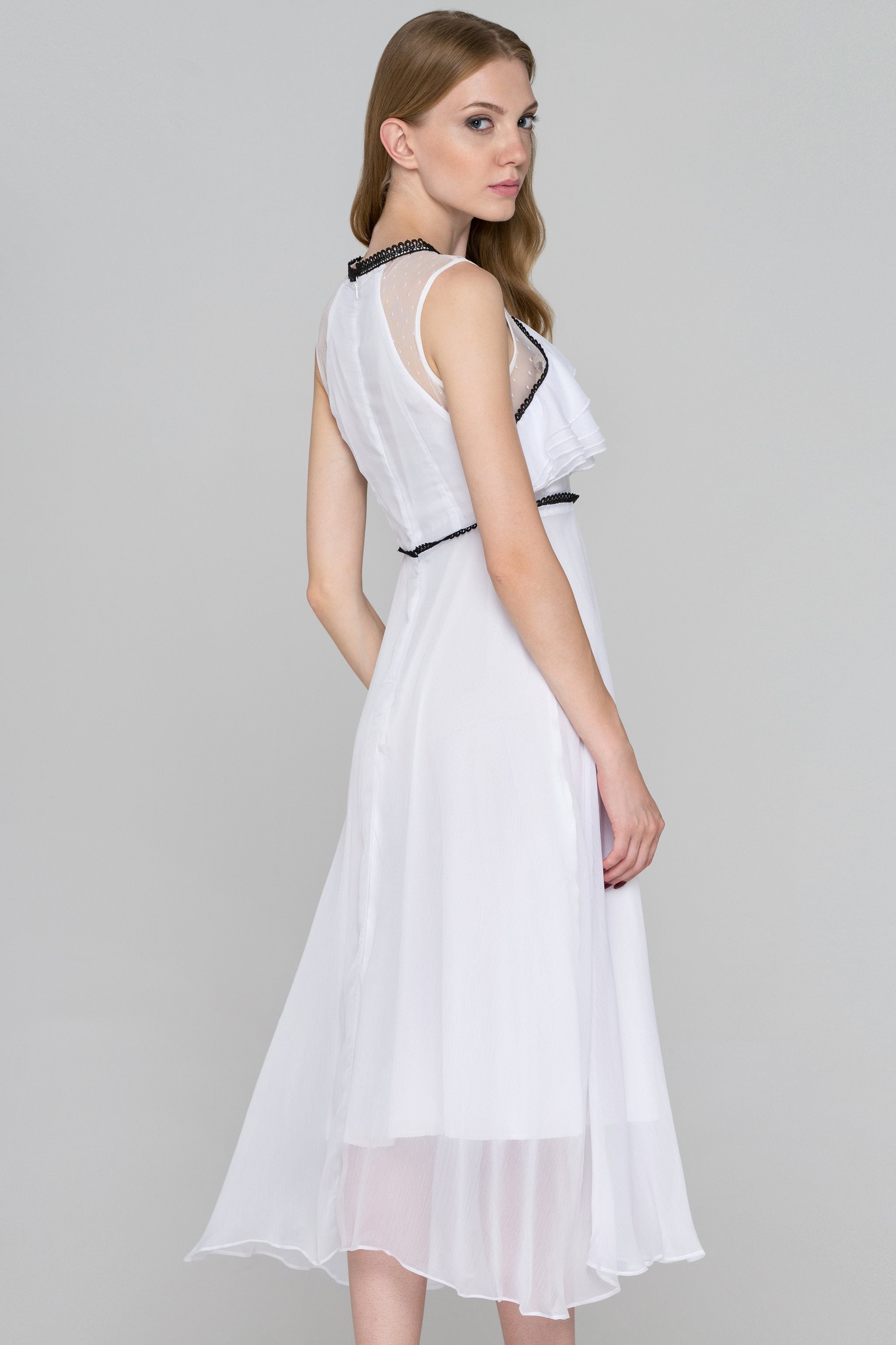 White and Black Trim Sheer Chiffon midi Dress - ownthelooks-Development