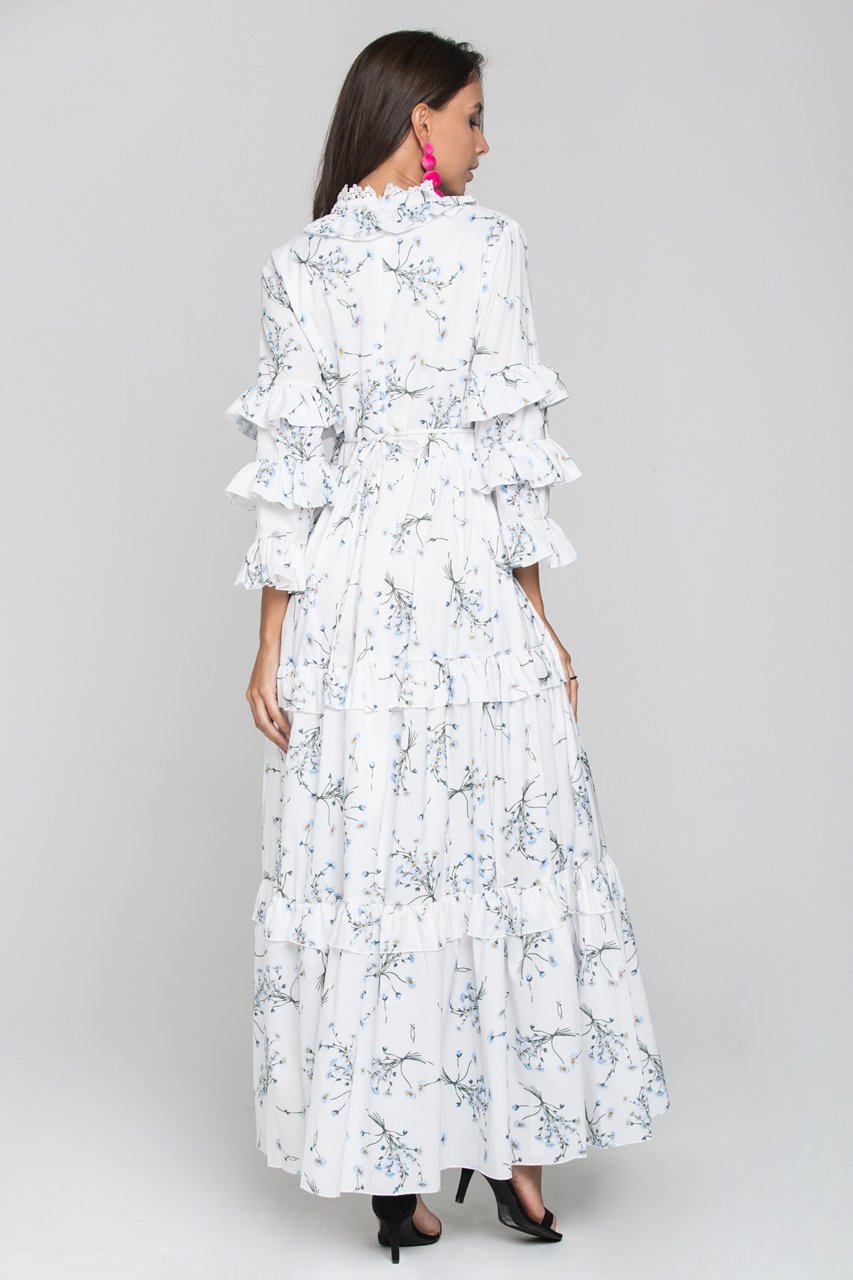 White and Blue Daisy Print Ruffled Sleeve Midi Dress - ownthelooks-Development