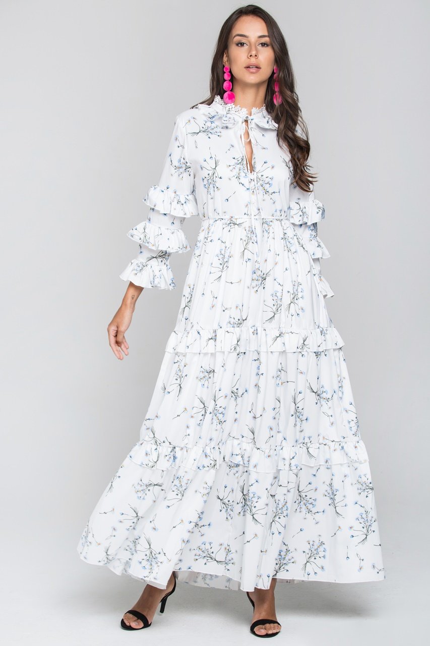 White and Blue Daisy Print Ruffled Sleeve Midi Dress - ownthelooks-Development