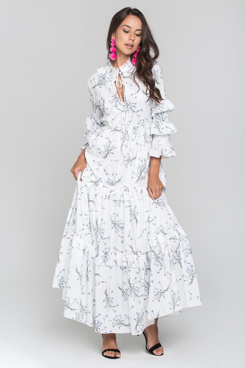 White and Blue Daisy Print Ruffled Sleeve Midi Dress - ownthelooks-Development