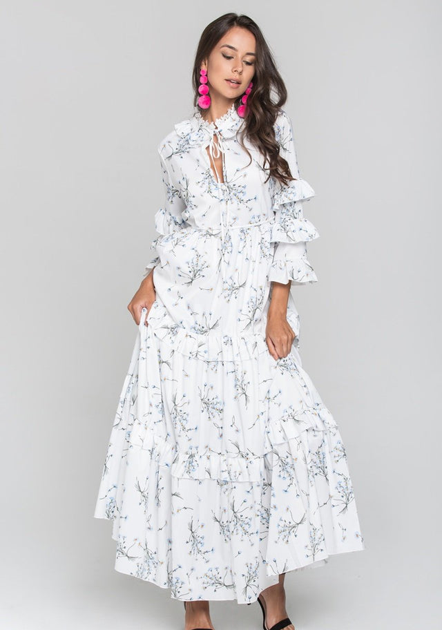 White and Blue Daisy Print Ruffled Sleeve Midi Dress - ownthelooks-Development