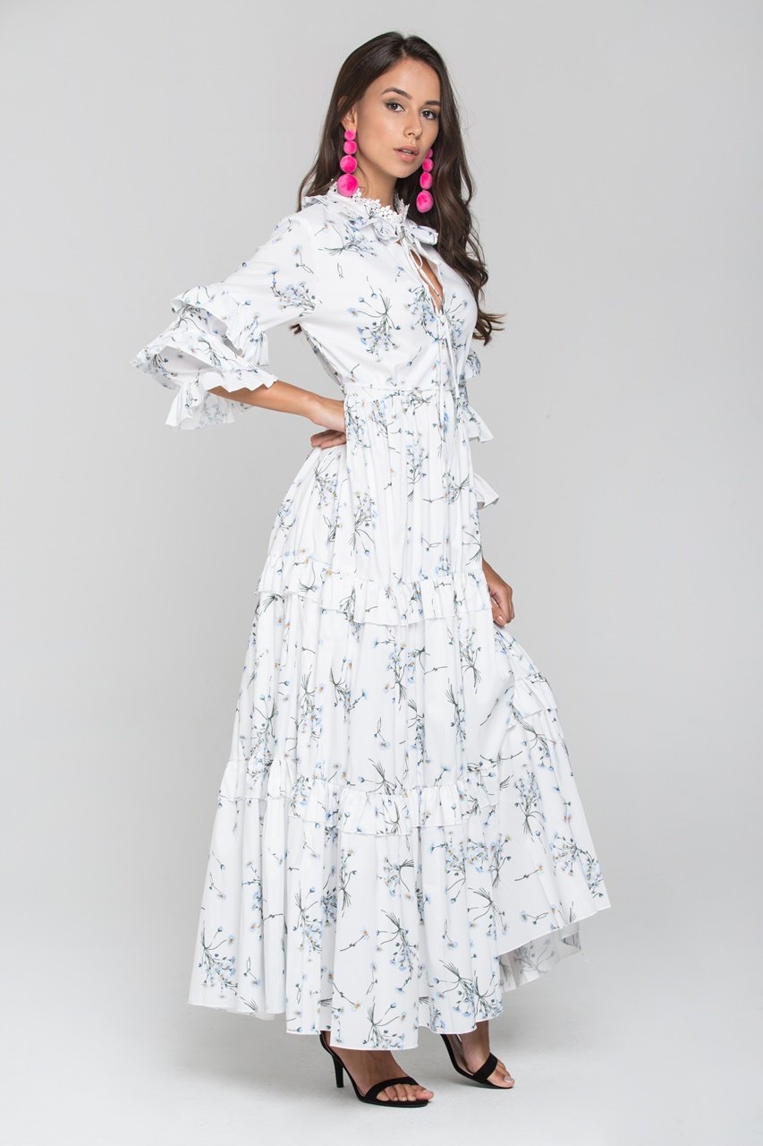 White and Blue Daisy Print Ruffled Sleeve Midi Dress - ownthelooks-Development