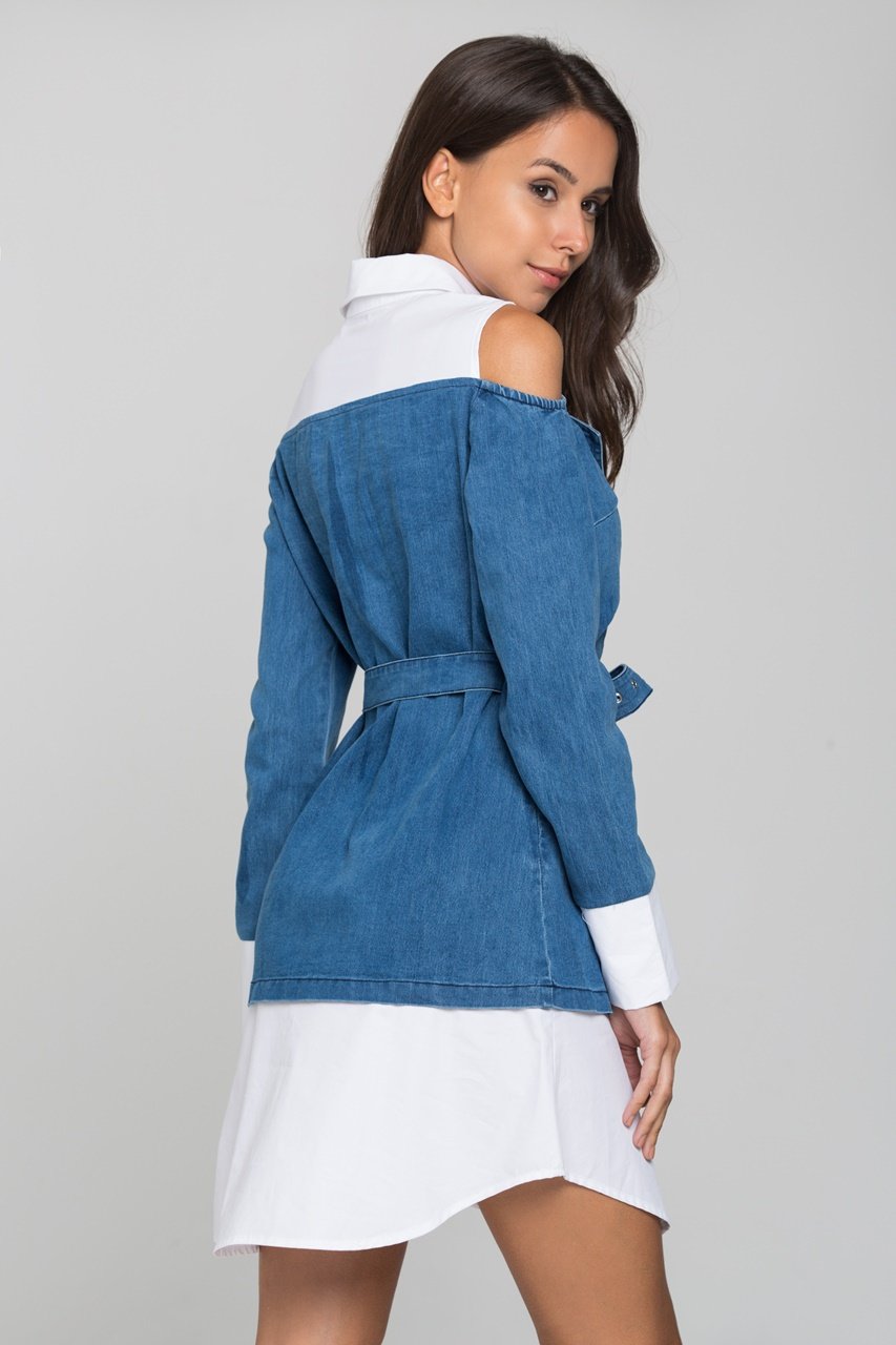 White and Denim Cold Shoulder Midi Dress - ownthelooks-Development