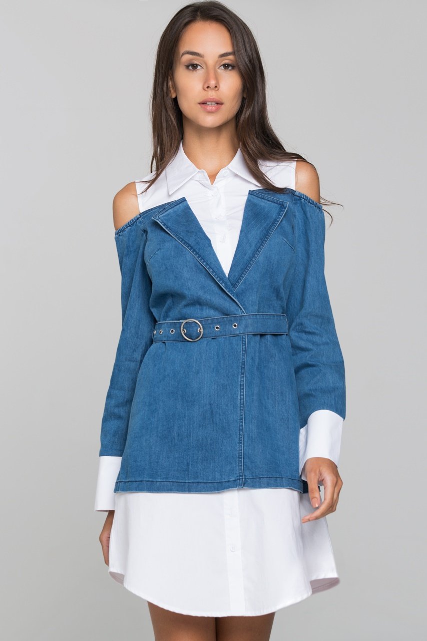 White and Denim Cold Shoulder Midi Dress - ownthelooks-Development