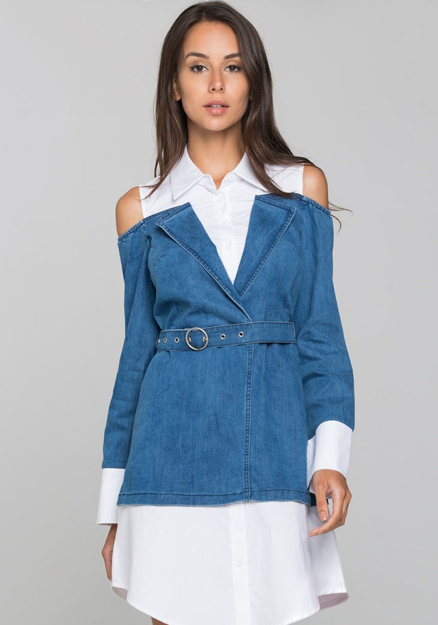 White and Denim Cold Shoulder Midi Dress - ownthelooks-Development