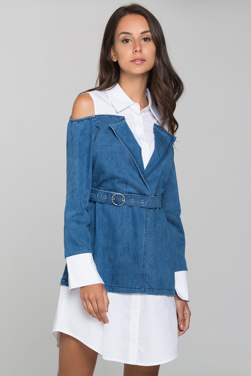 White and Denim Cold Shoulder Midi Dress - ownthelooks-Development