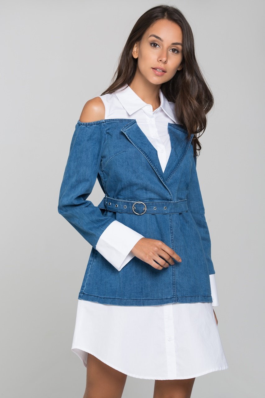 White and Denim Cold Shoulder Midi Dress - ownthelooks-Development