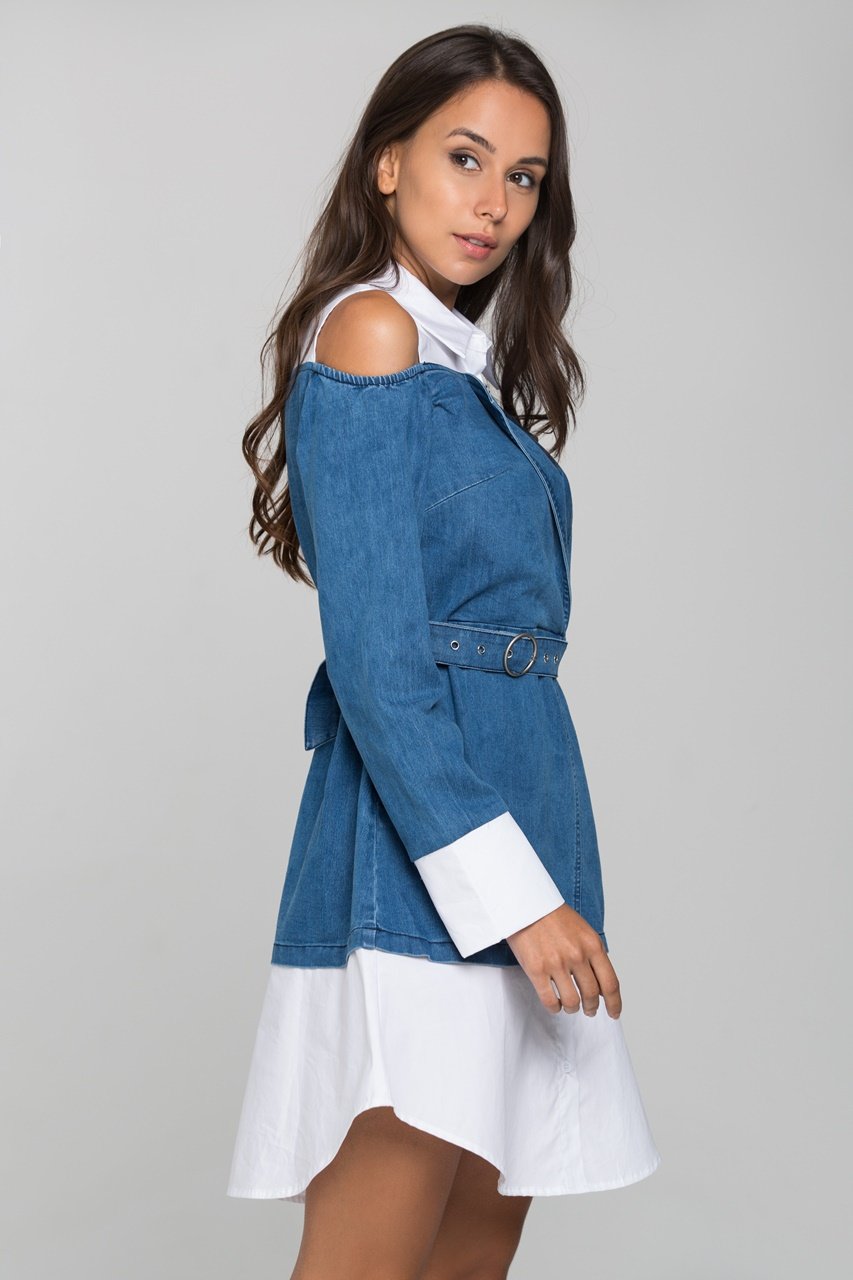 White and Denim Cold Shoulder Midi Dress - ownthelooks-Development