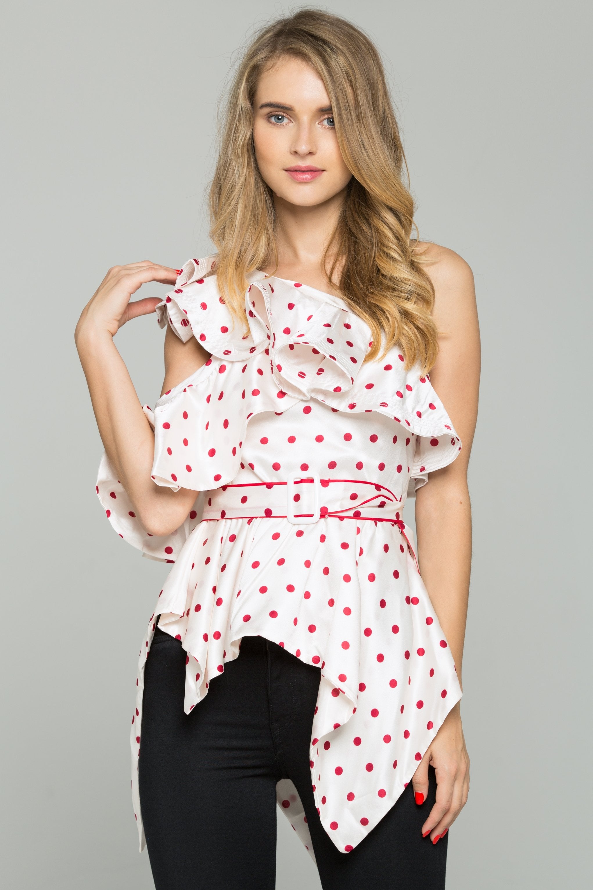 White and Red Polka dot One-shoulder Belted Top - ownthelooks-Development