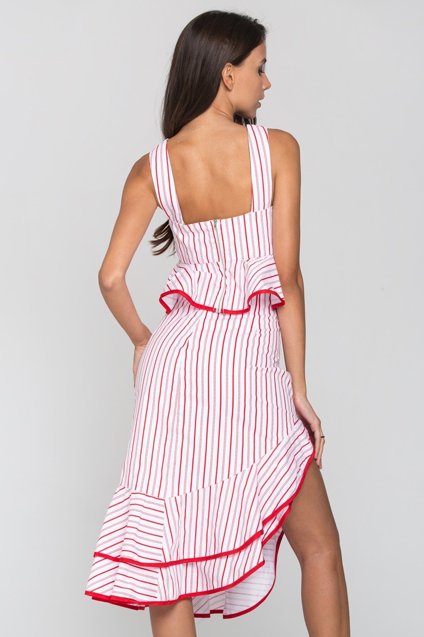 White and Red Stripe Ruffled Two Piece Midi Dress - ownthelooks-Development