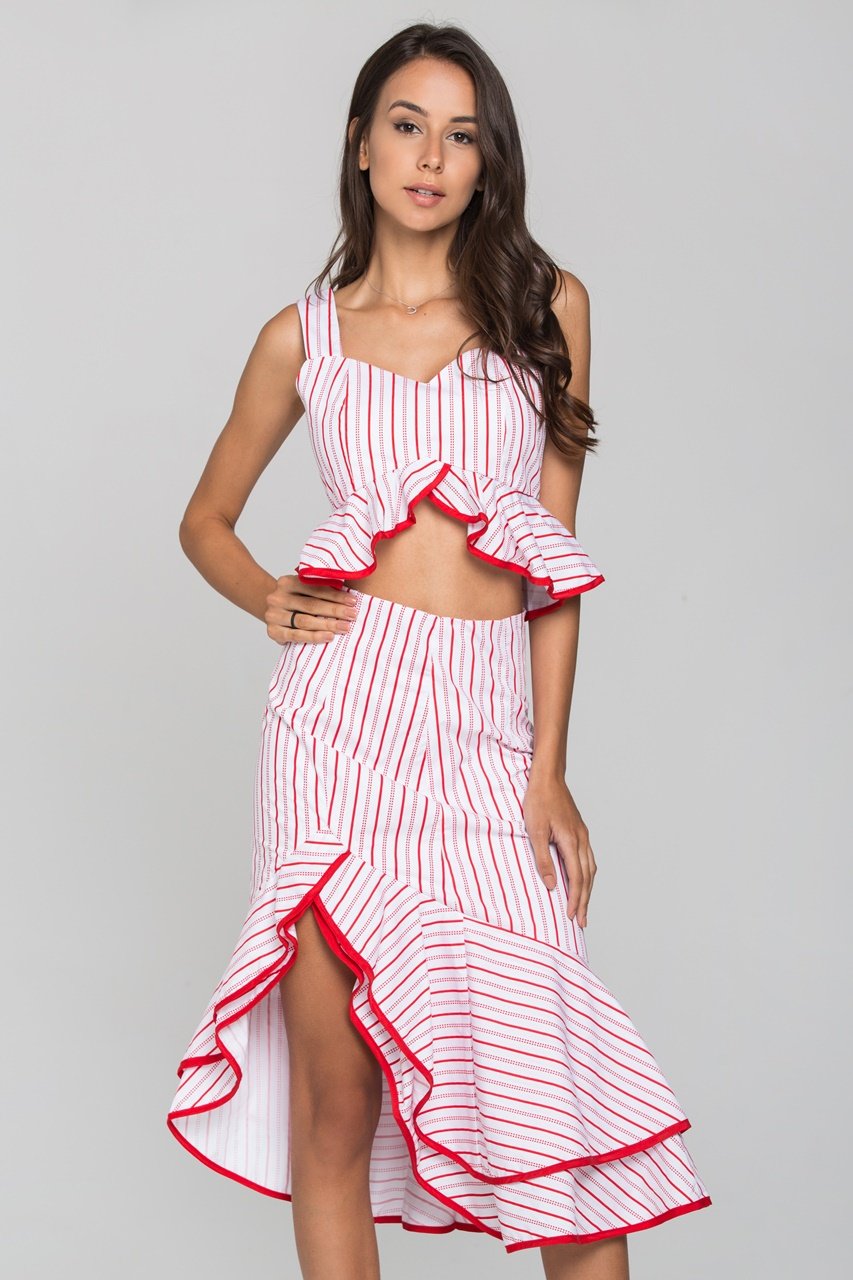 White and Red Stripe Ruffled Two Piece Midi Dress - ownthelooks-Development