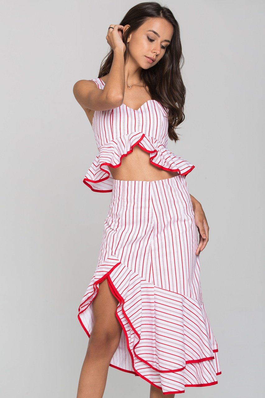 White and Red Stripe Ruffled Two Piece Midi Dress - ownthelooks-Development