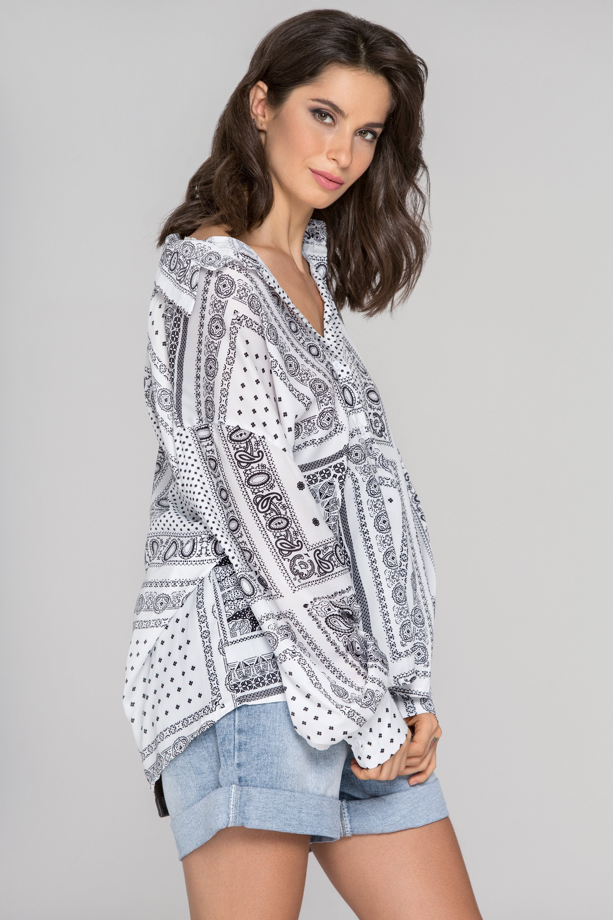 White Silk Button Up Bandana Top - ownthelooks-Development