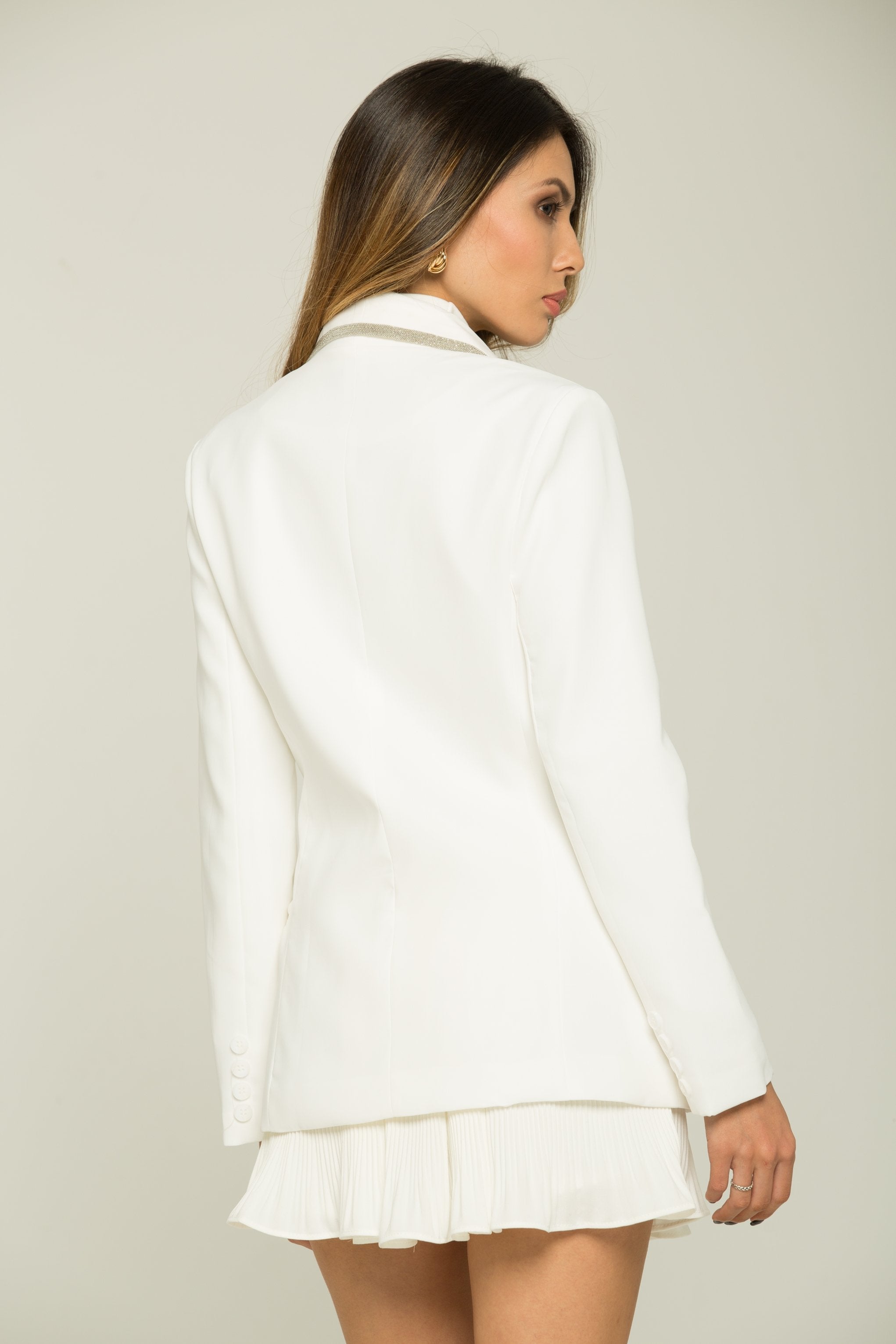 White with Silver Beads Trim Blazer - ownthelooks-Development
