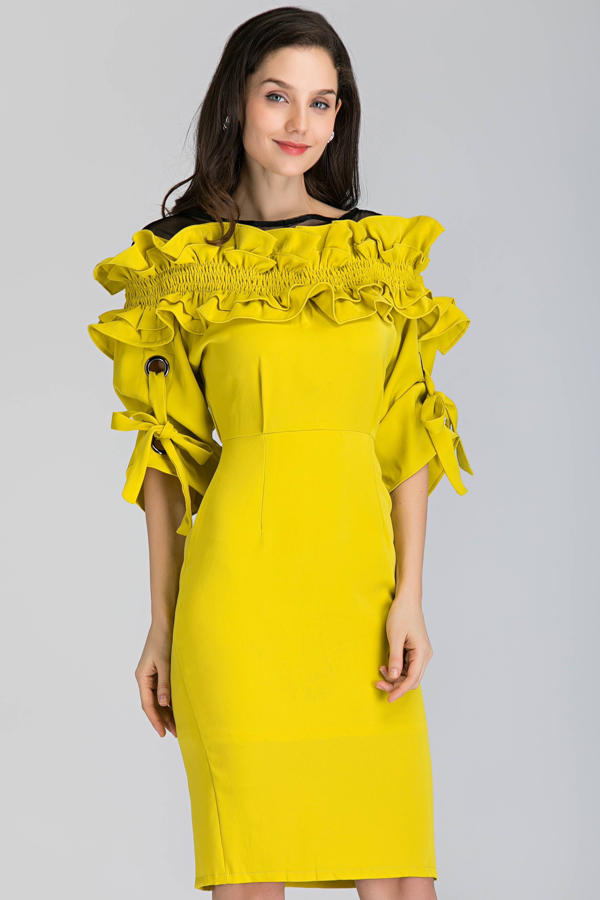 Yellow Ruffled Puff Sleeve Midi Dress - ownthelooks-Development