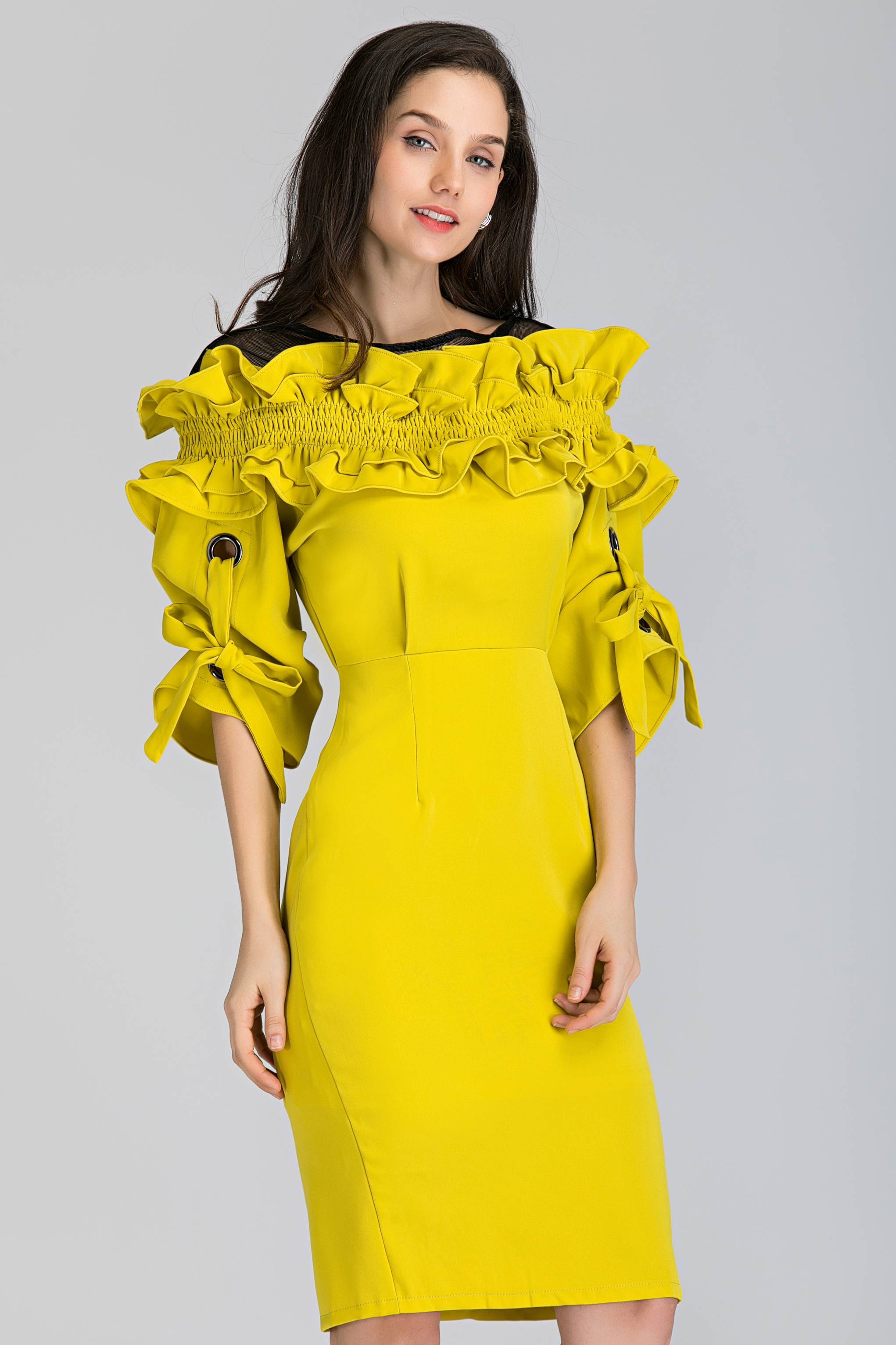 Yellow Ruffled Puff Sleeve Midi Dress - ownthelooks-Development