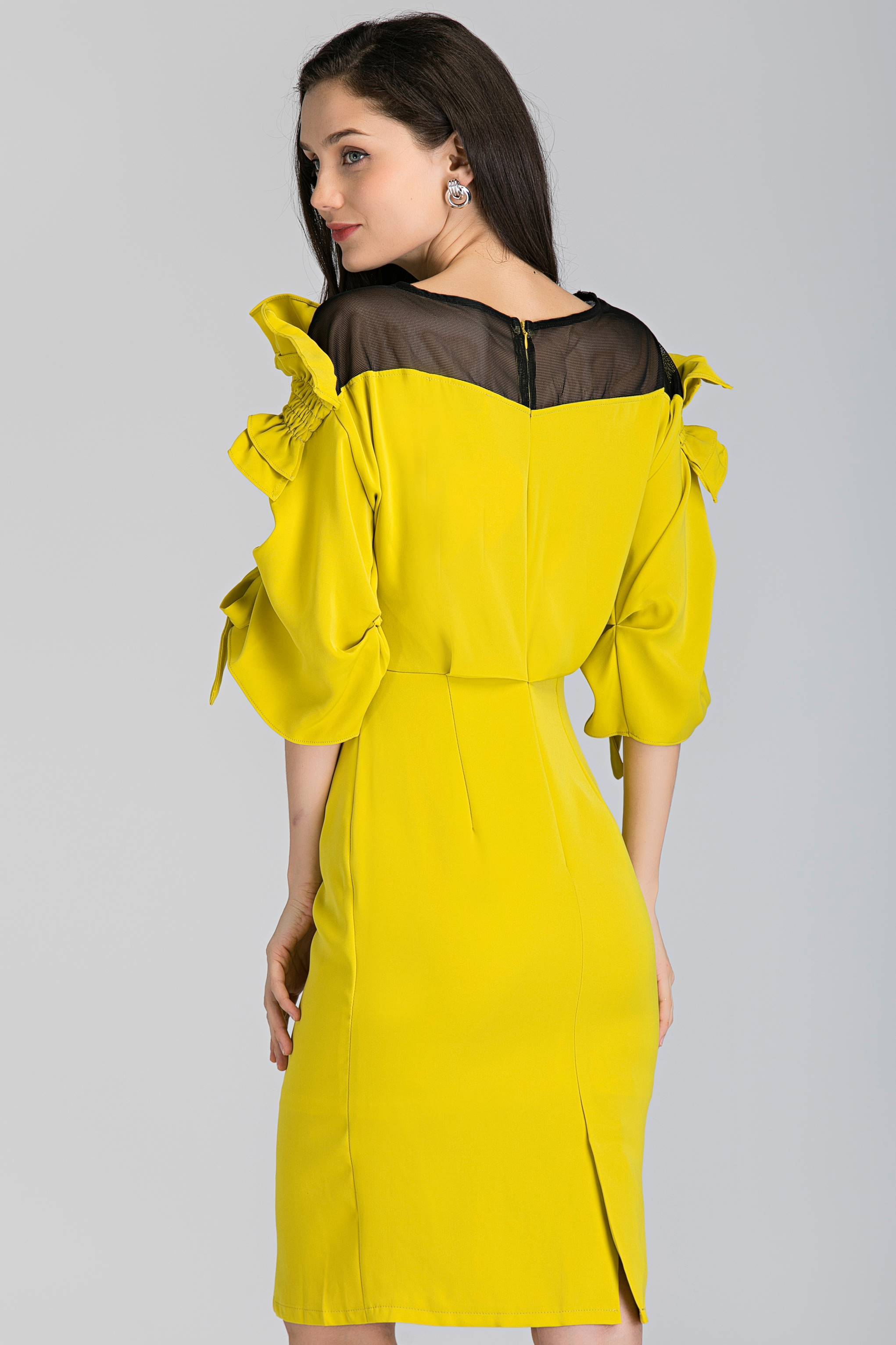 Yellow Ruffled Puff Sleeve Midi Dress - ownthelooks-Development