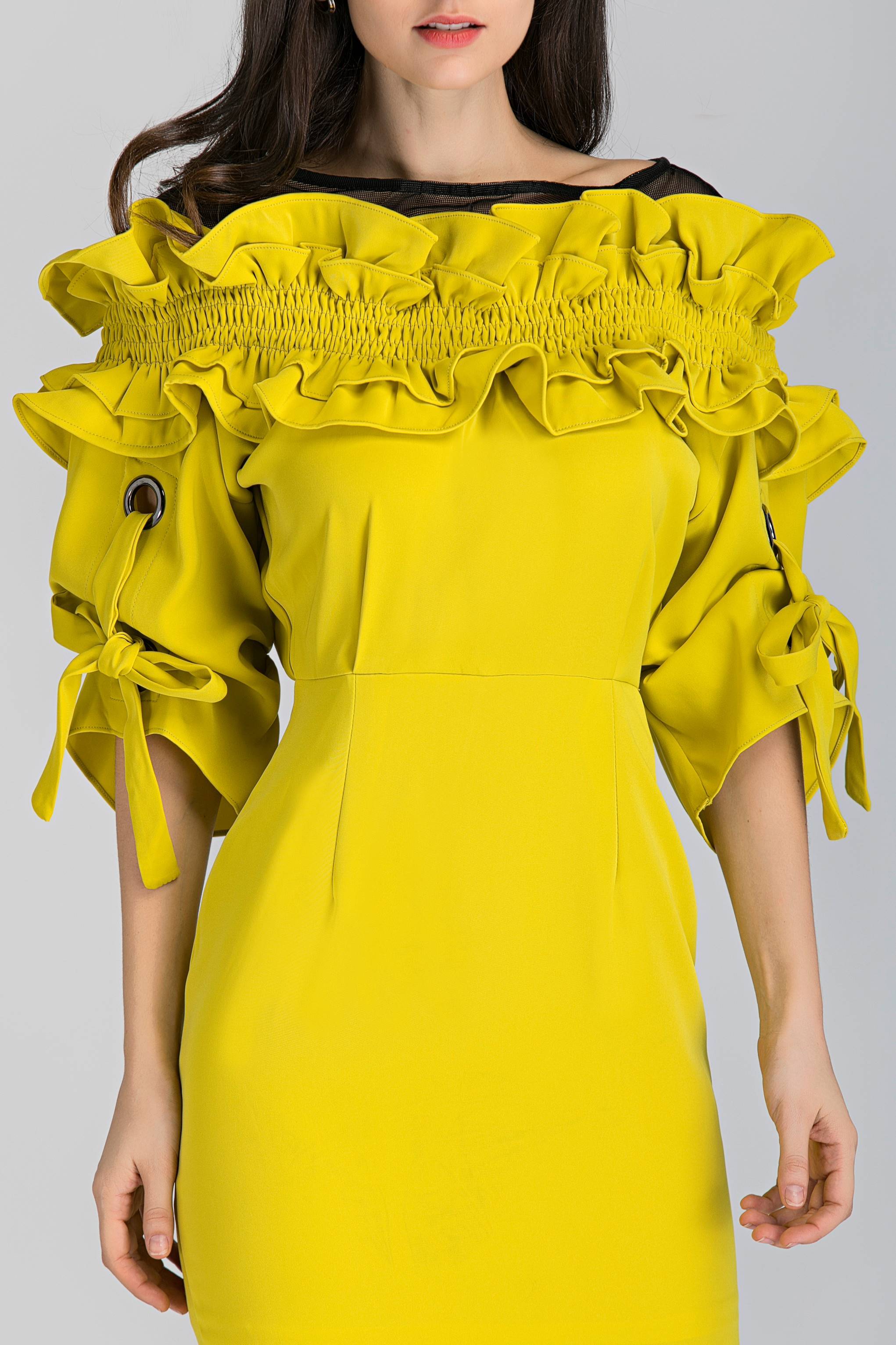 Yellow Ruffled Puff Sleeve Midi Dress - ownthelooks-Development