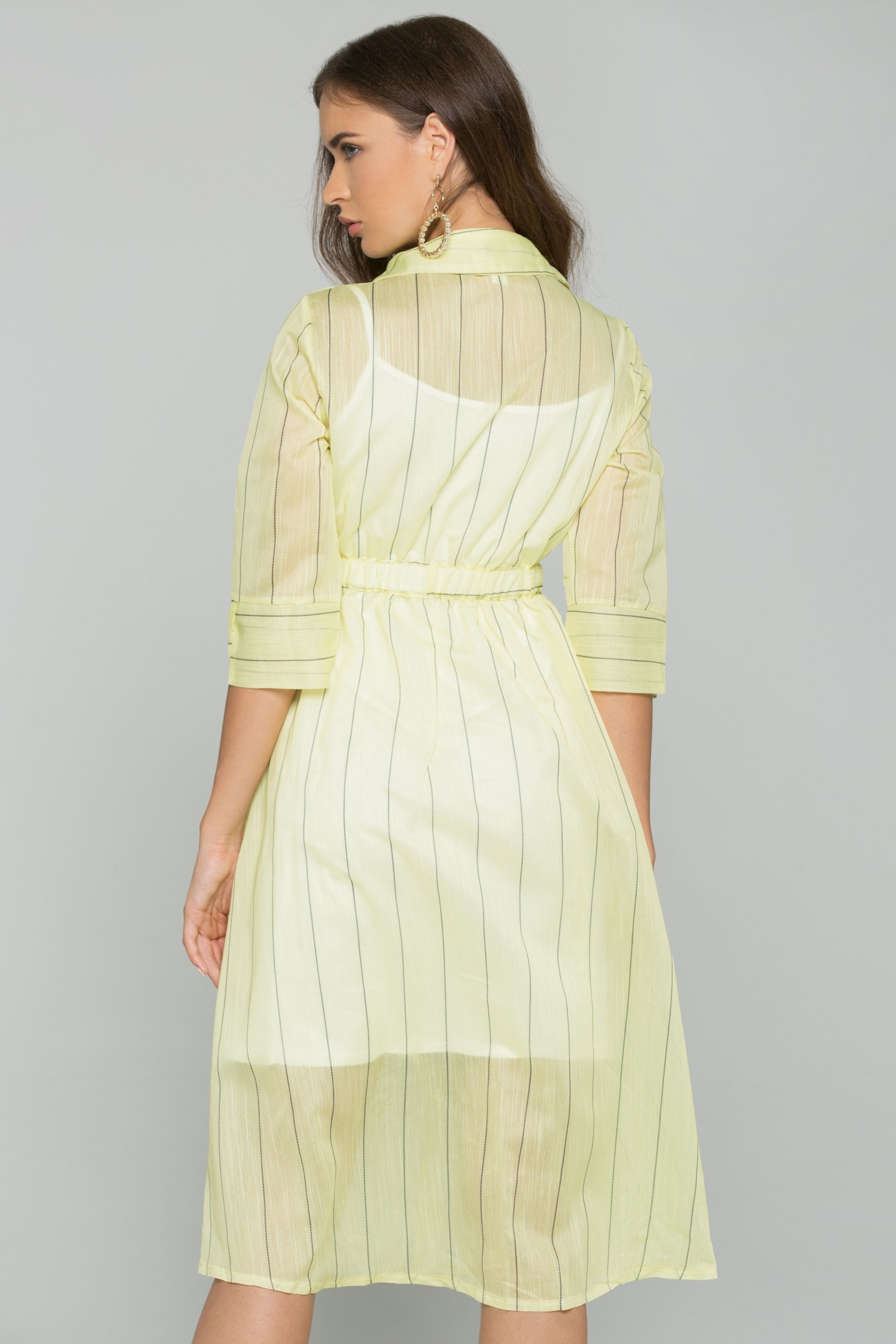 Yellow Cotton Striped Button-Down Belt Strap Shirt Dress - ownthelooks-Development