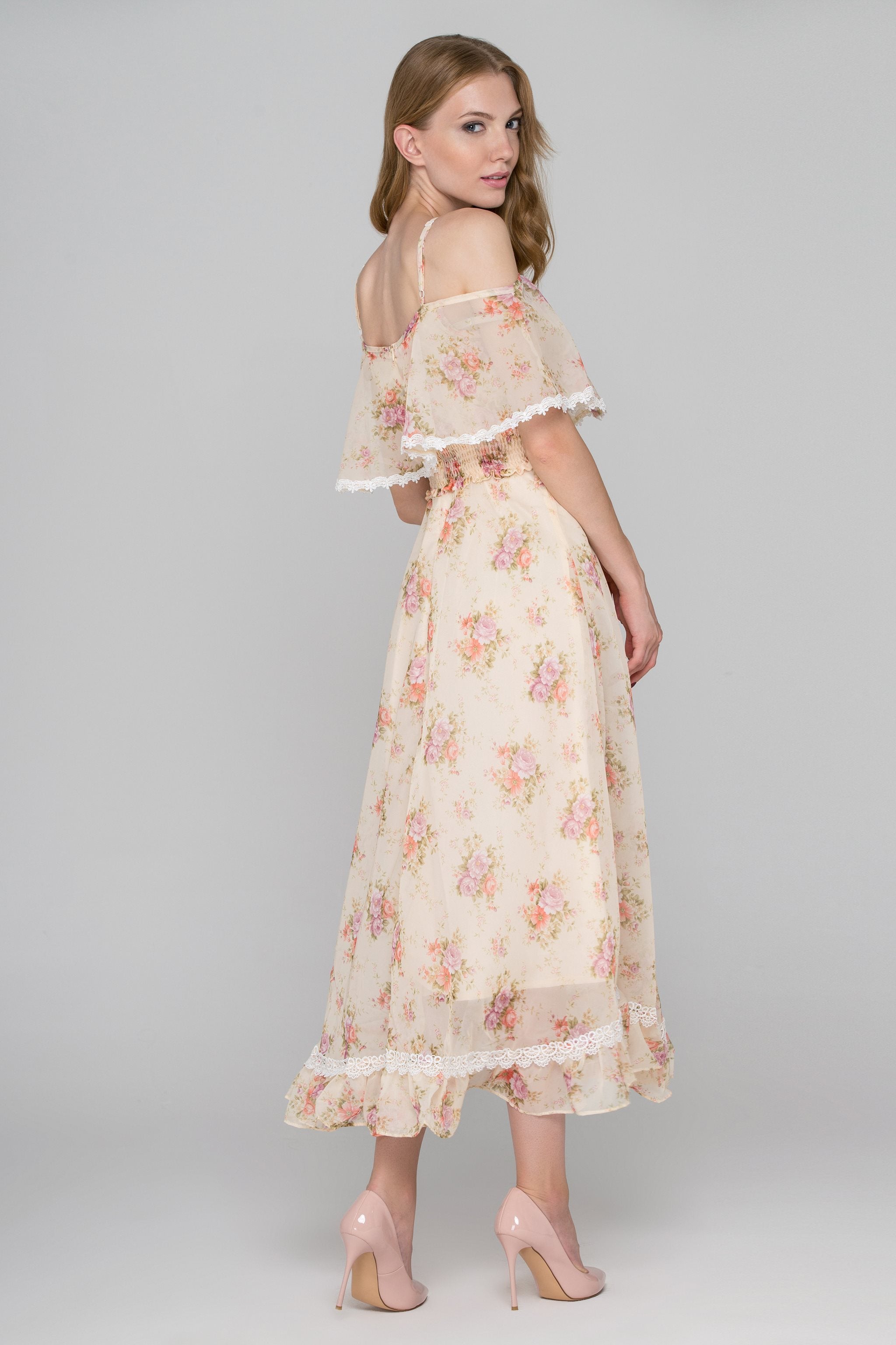 Yellow Floral Print Cold Shoulder Maxi Dress - ownthelooks-Development