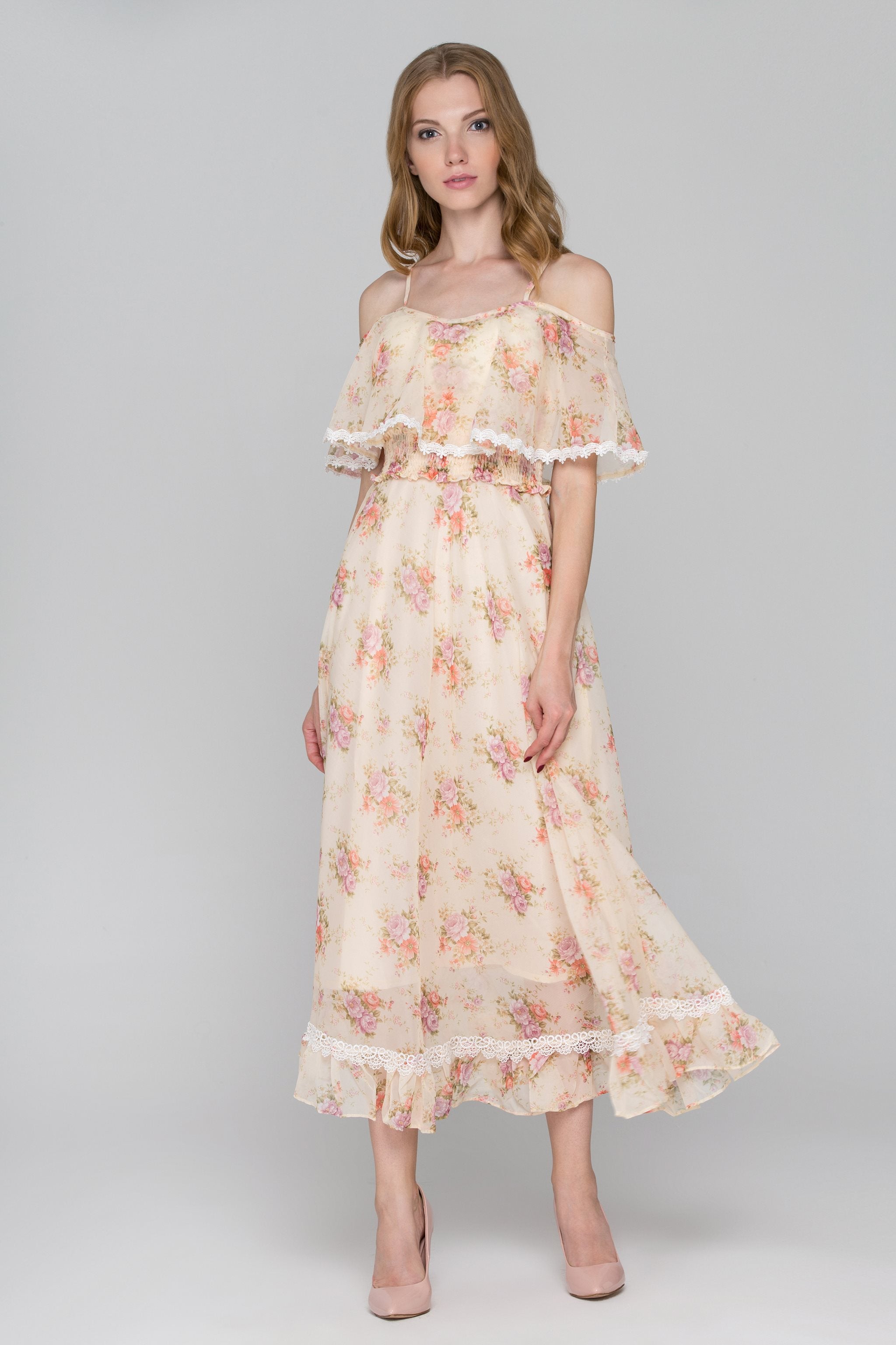 Yellow Floral Print Cold Shoulder Maxi Dress - ownthelooks-Development