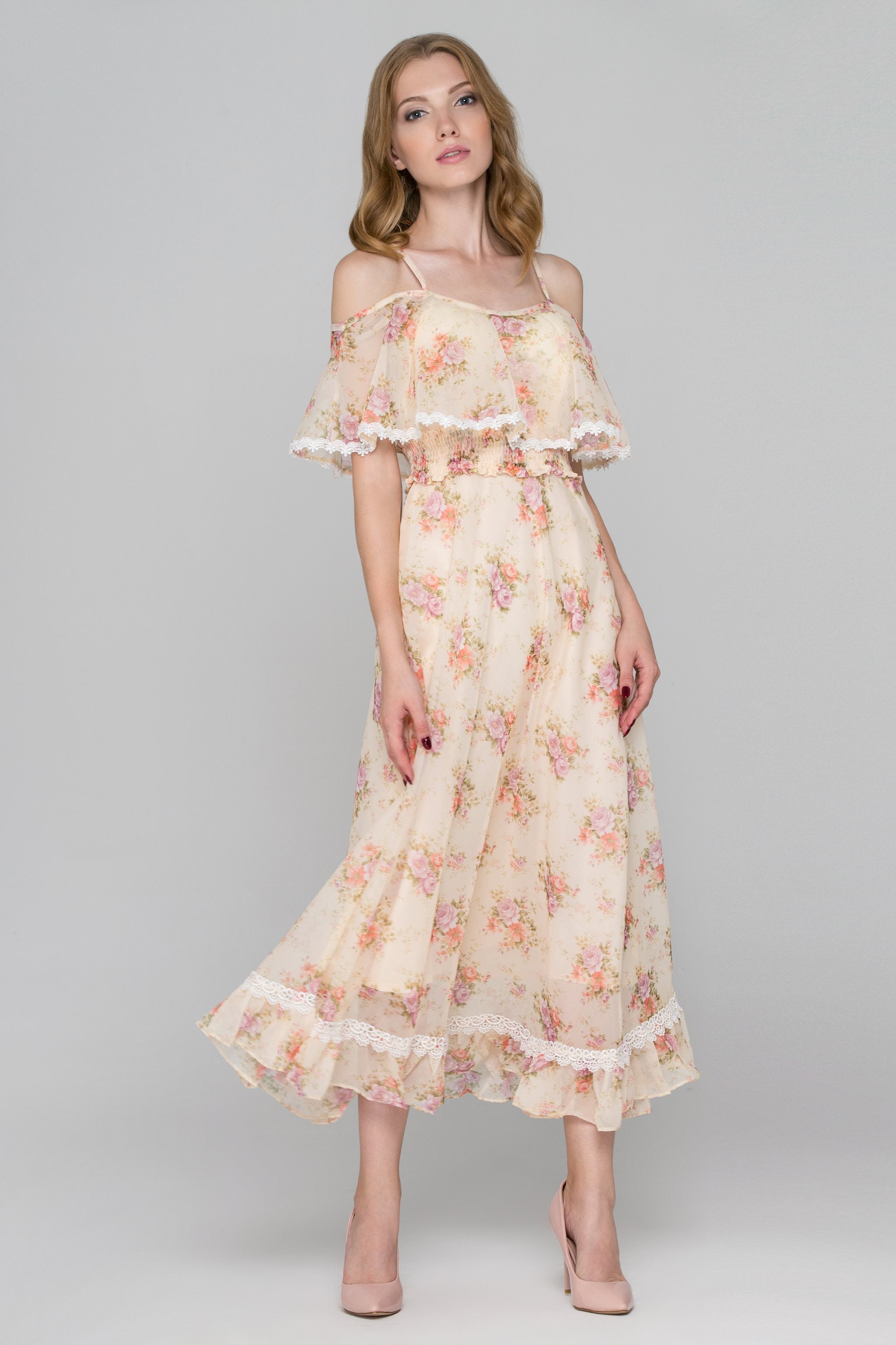 Yellow Floral Print Cold Shoulder Maxi Dress - ownthelooks-Development