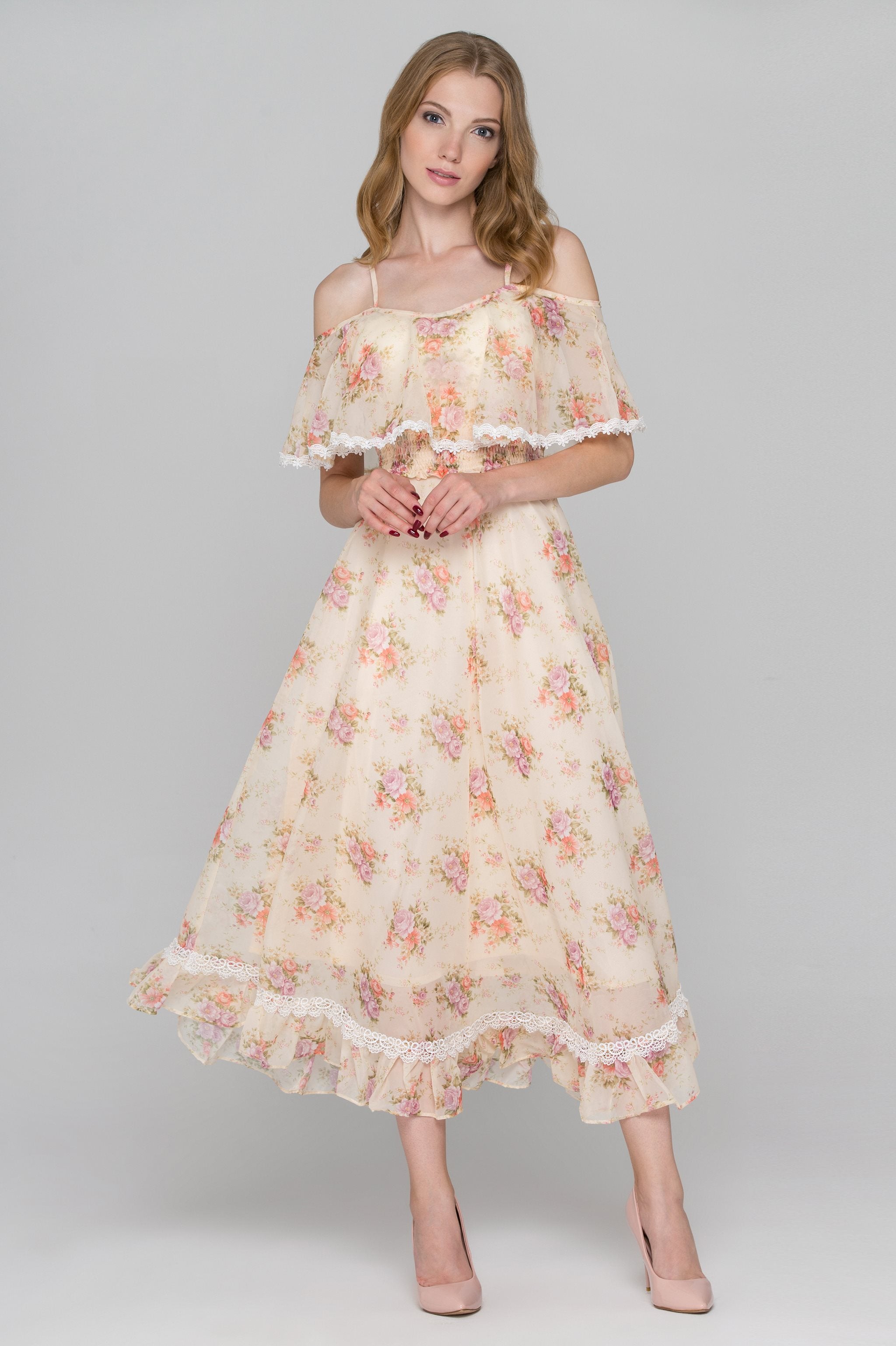 Yellow Floral Print Cold Shoulder Maxi Dress - ownthelooks-Development