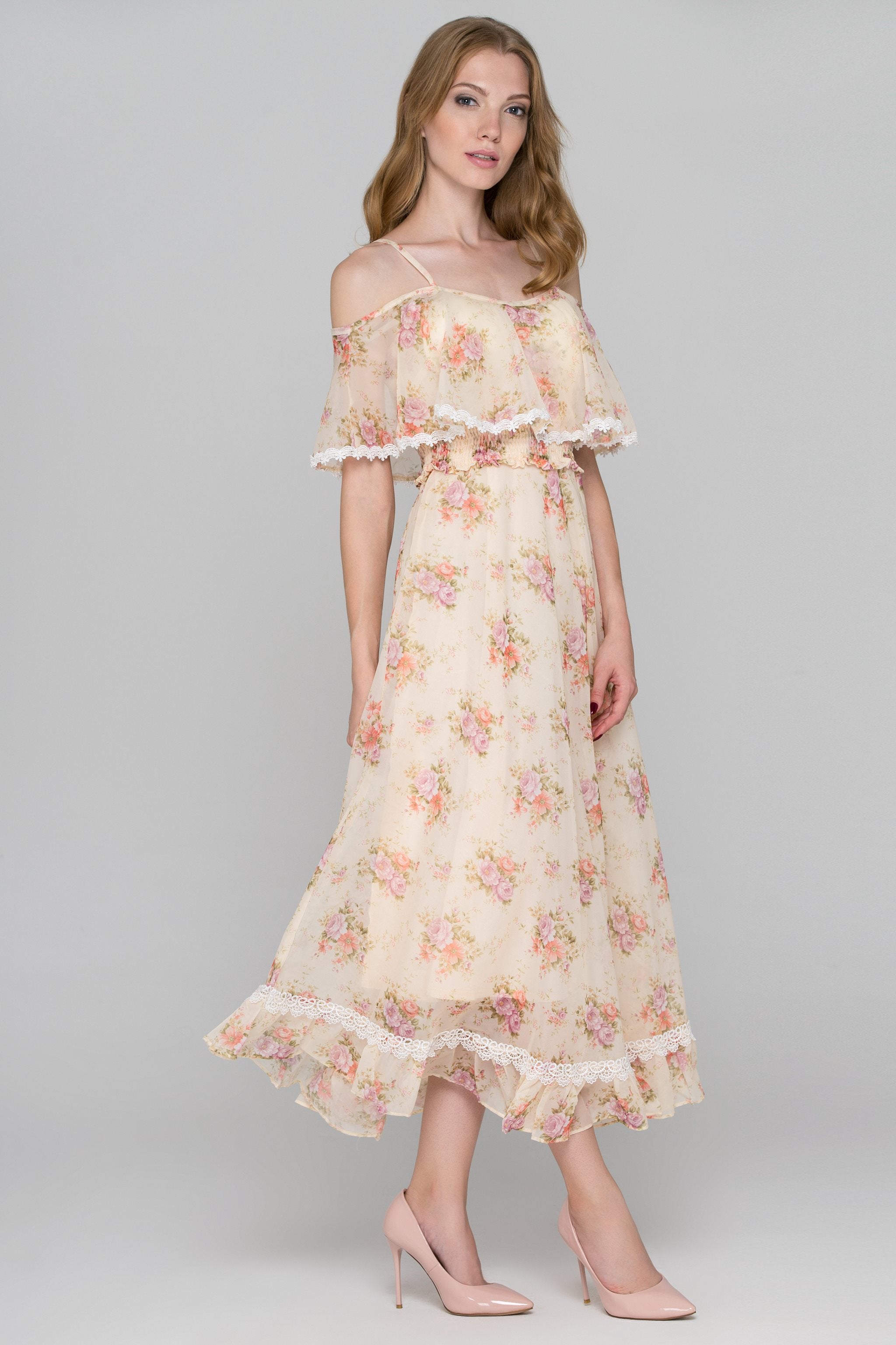 Yellow Floral Print Cold Shoulder Maxi Dress - ownthelooks-Development