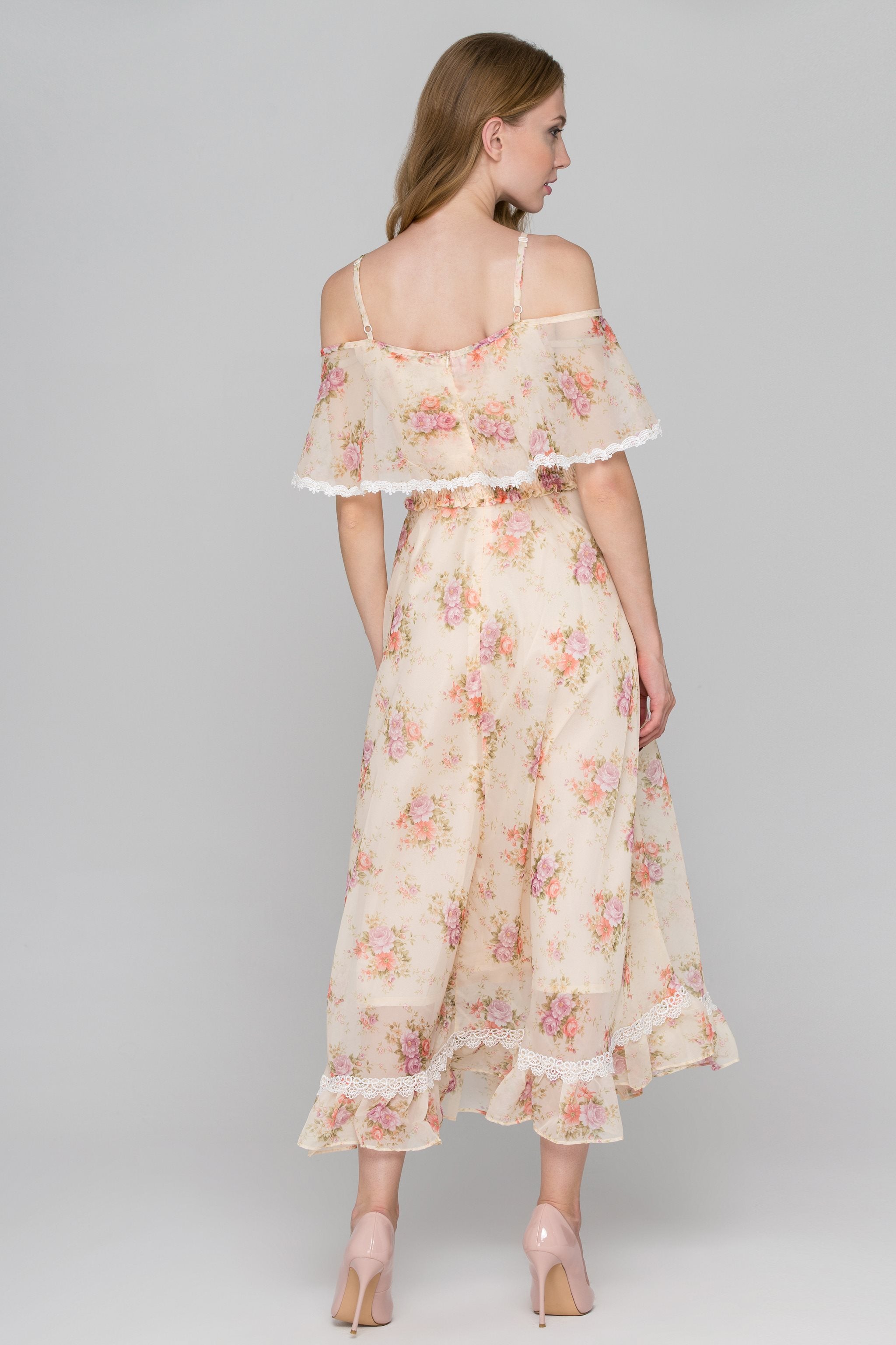 Yellow Floral Print Cold Shoulder Maxi Dress - ownthelooks-Development