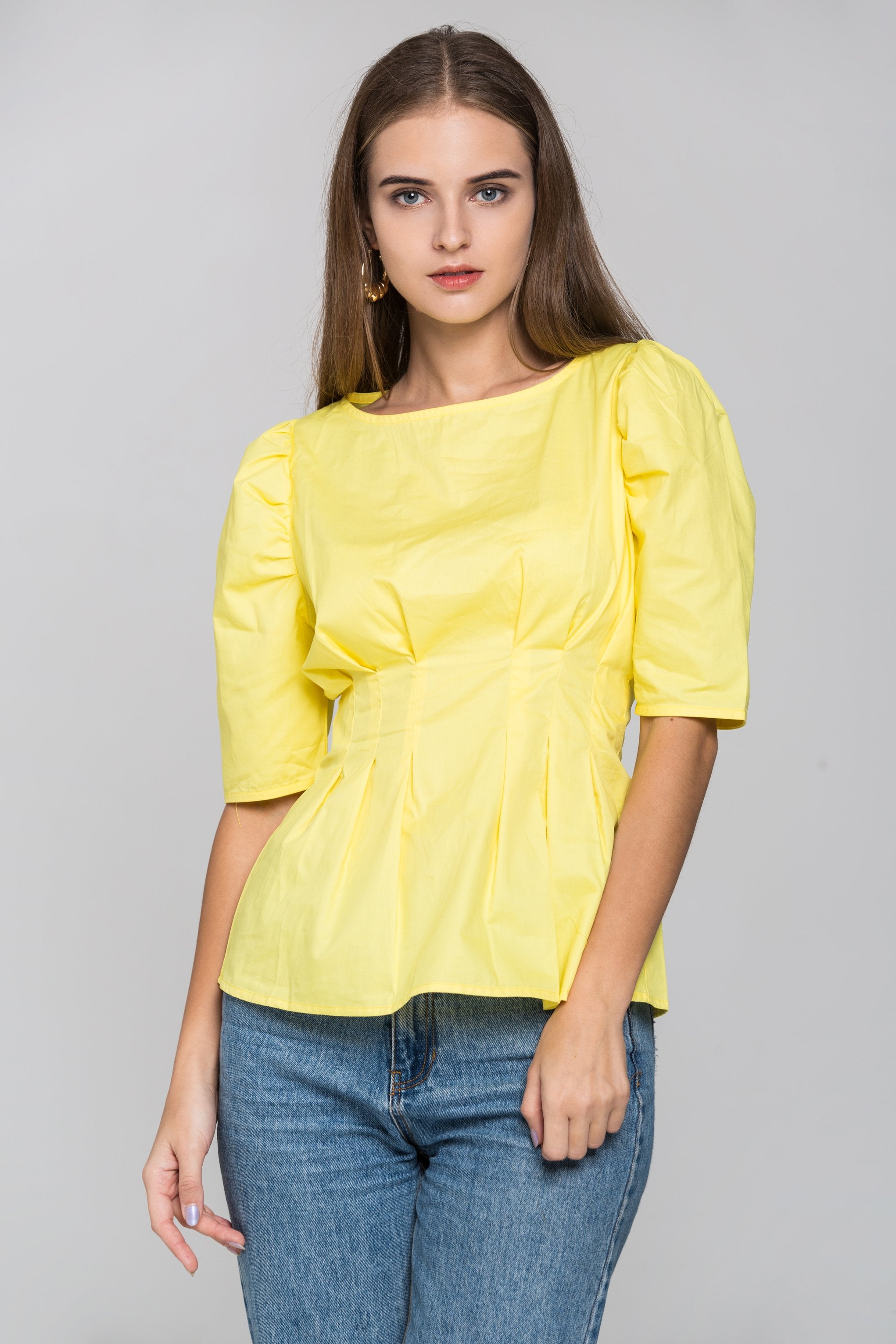 Yellow Pleated Waist Puff Sleeves Top - ownthelooks-Development