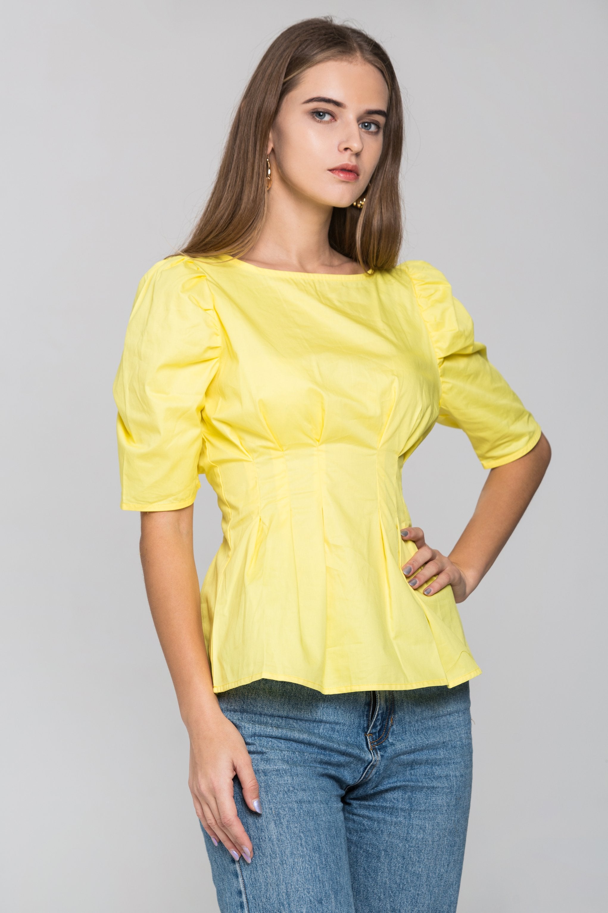 Yellow Pleated Waist Puff Sleeves Top - ownthelooks-Development