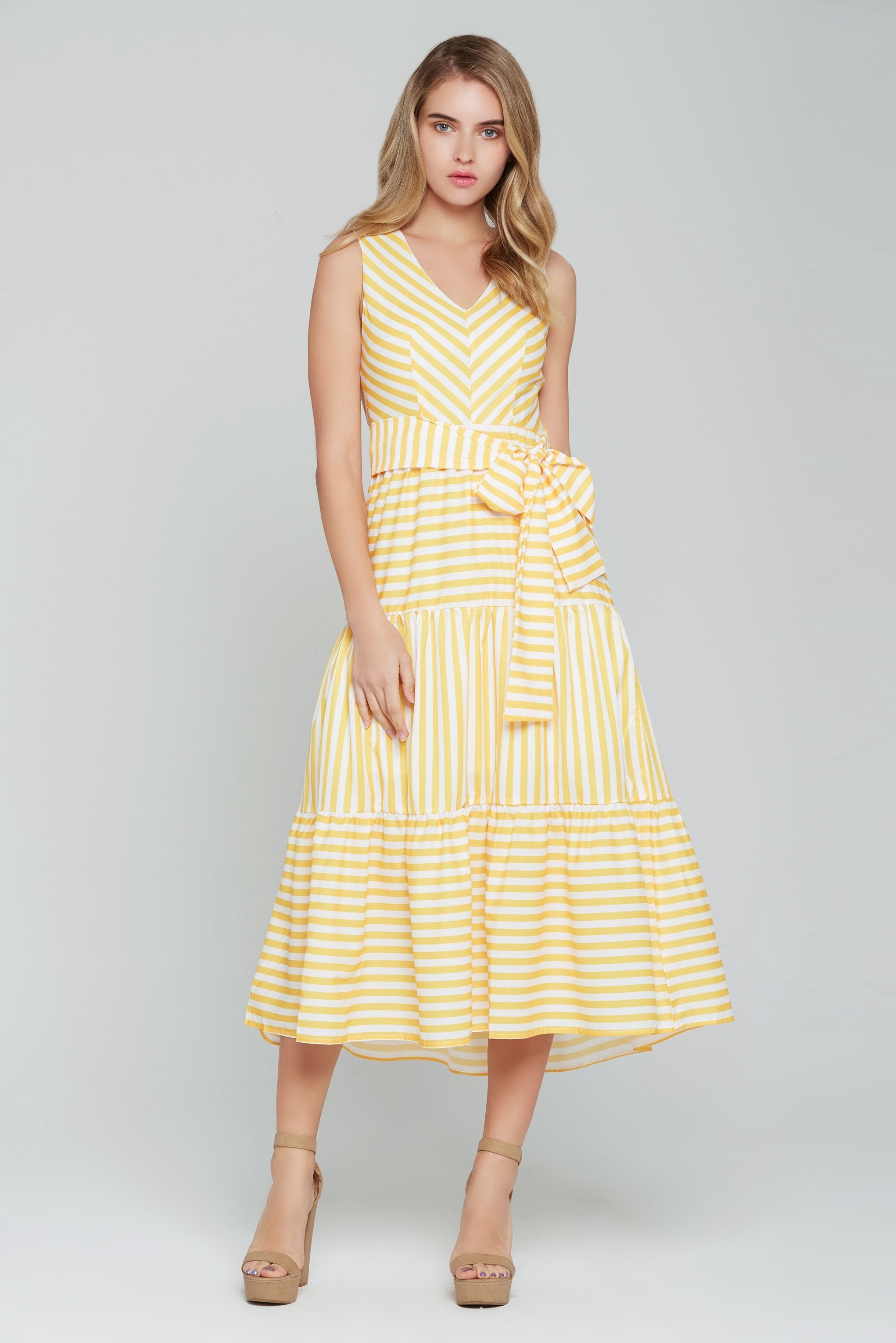 Yellow Striped Sleeveless Midi Dress - ownthelooks-Development