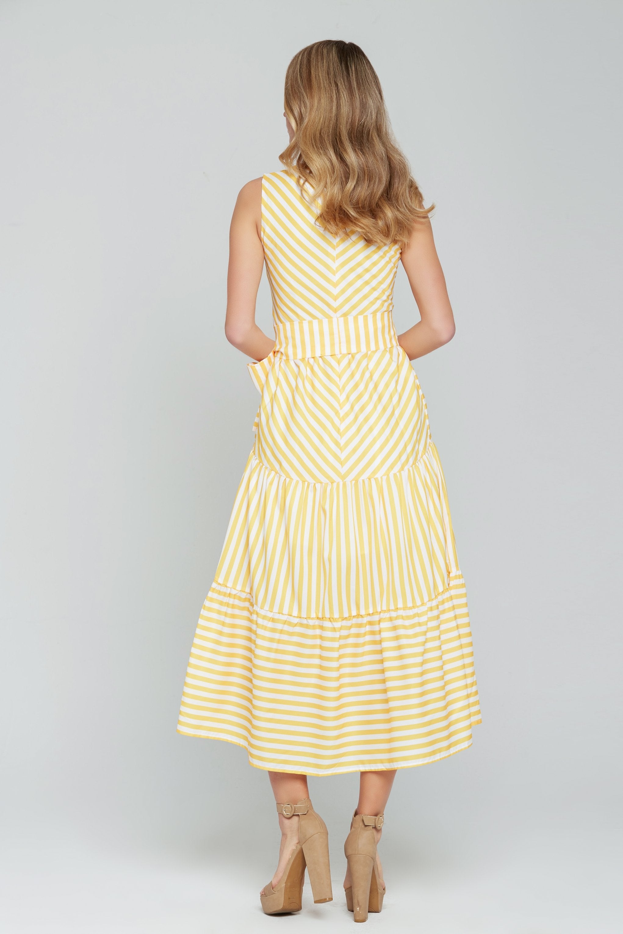 Yellow Striped Sleeveless Midi Dress - ownthelooks-Development