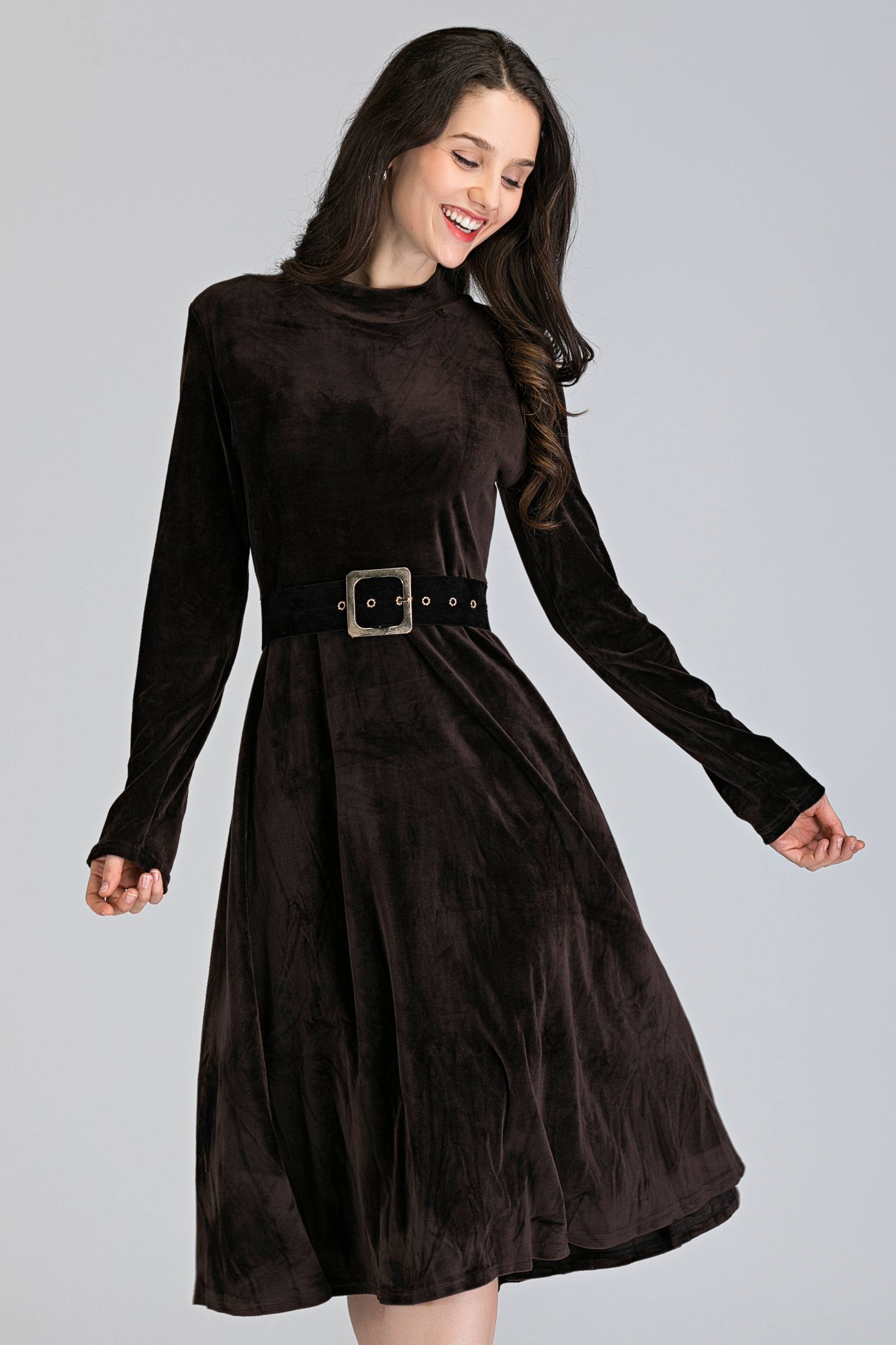Brown Velvet Sleeved Midi Dress - ownthelooks-Development