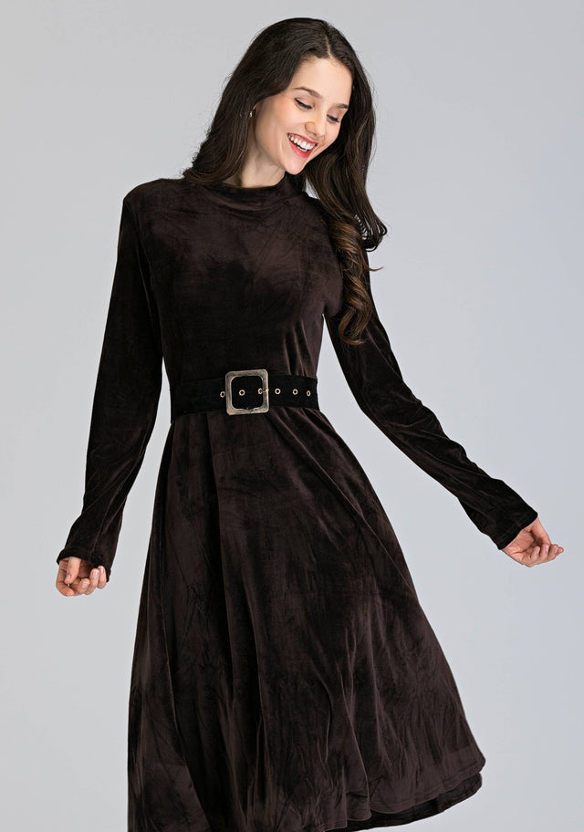 Brown Velvet Sleeved Midi Dress - ownthelooks-Development