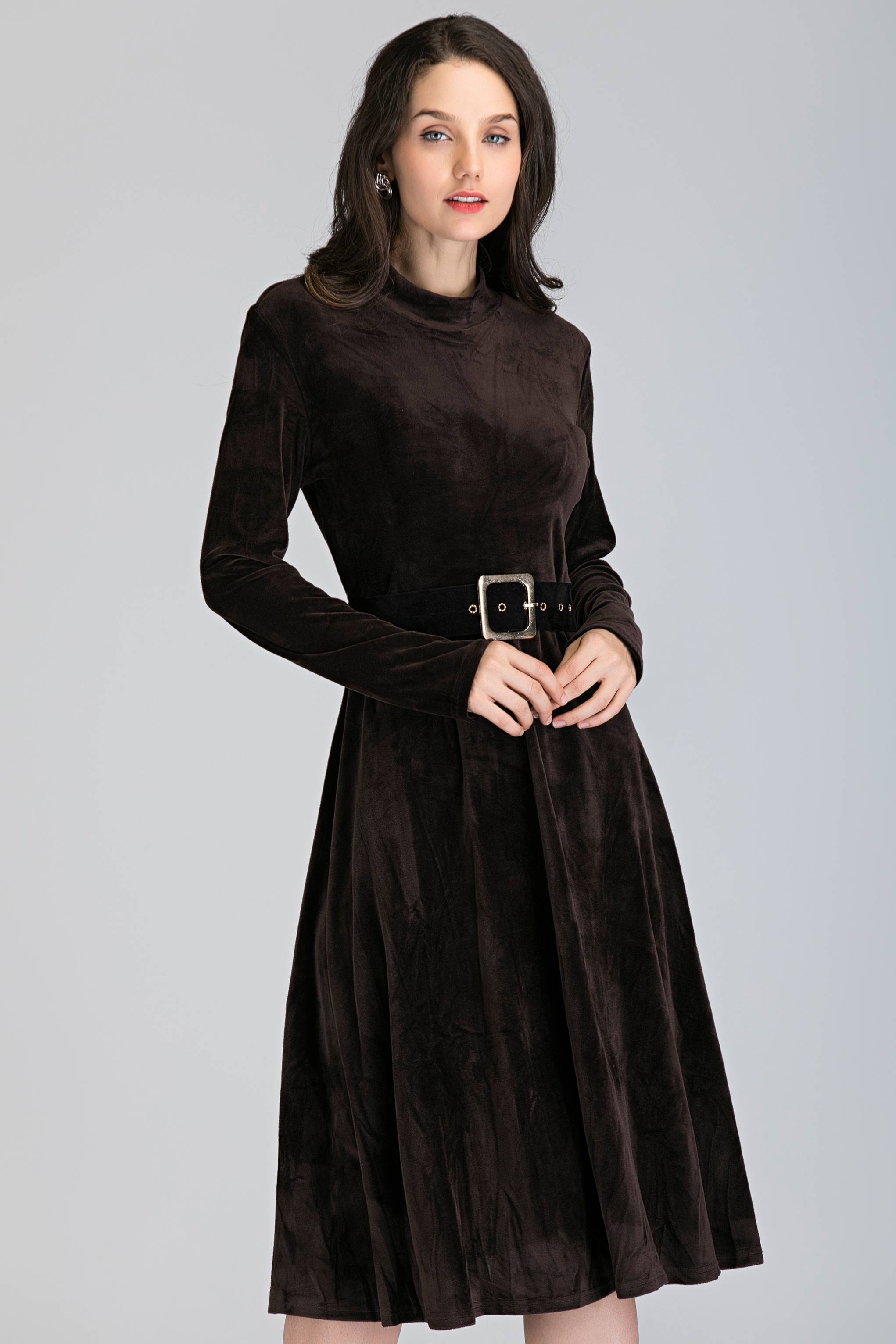 Brown Velvet Sleeved Midi Dress - ownthelooks-Development