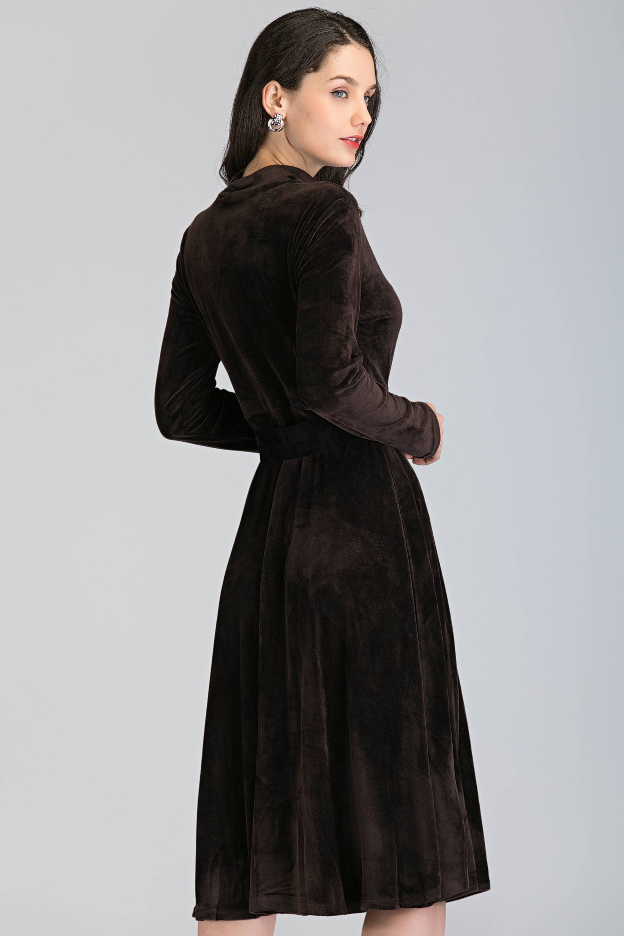 Brown Velvet Sleeved Midi Dress - ownthelooks-Development