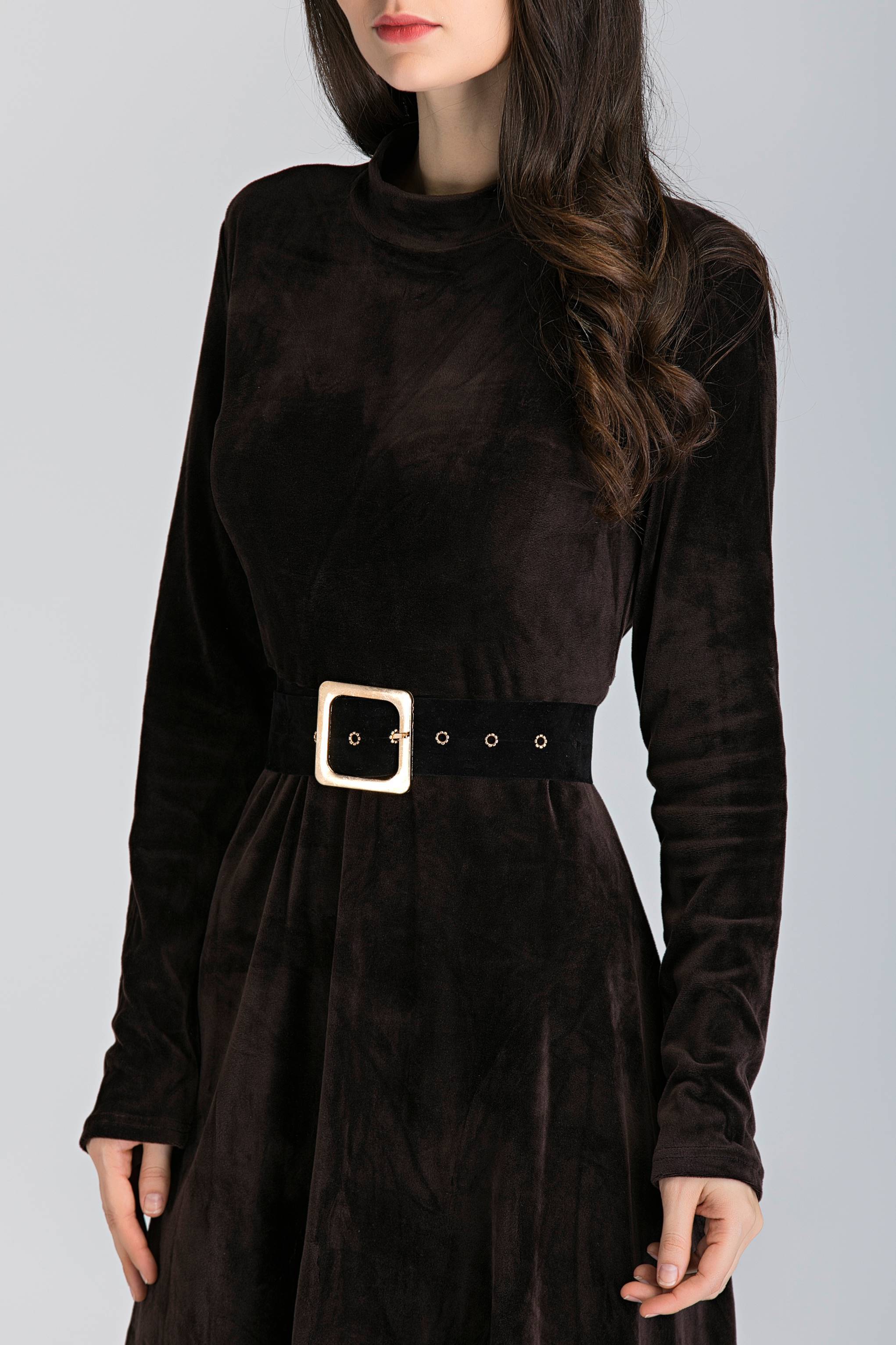 Brown Velvet Sleeved Midi Dress - ownthelooks-Development