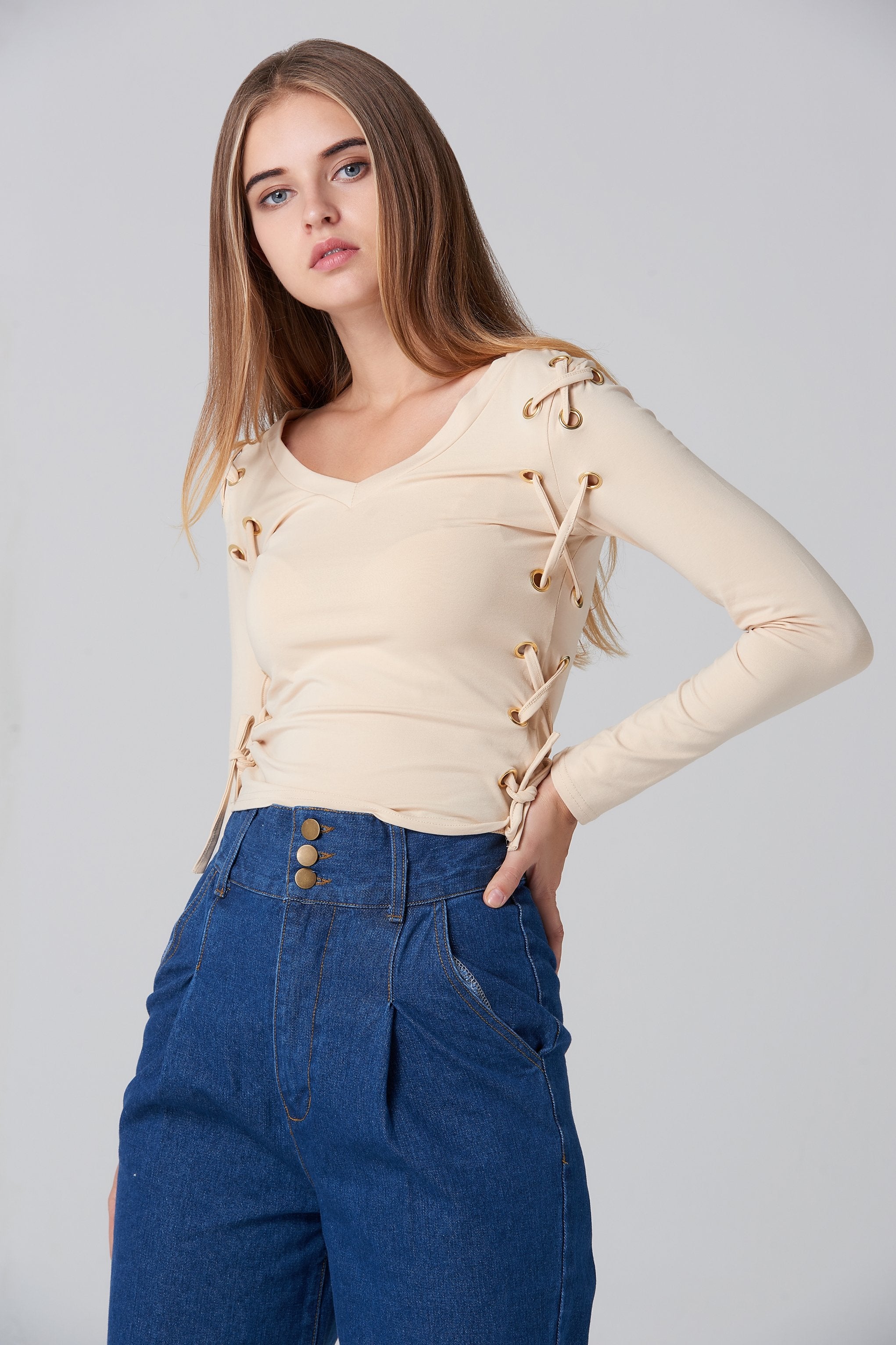 Nude Side Lace Long Sleeves Top - ownthelooks-Development