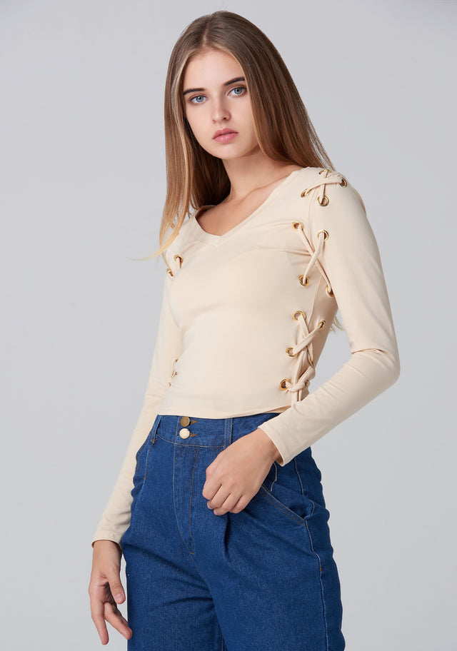 Nude Side Lace Long Sleeves Top - ownthelooks-Development