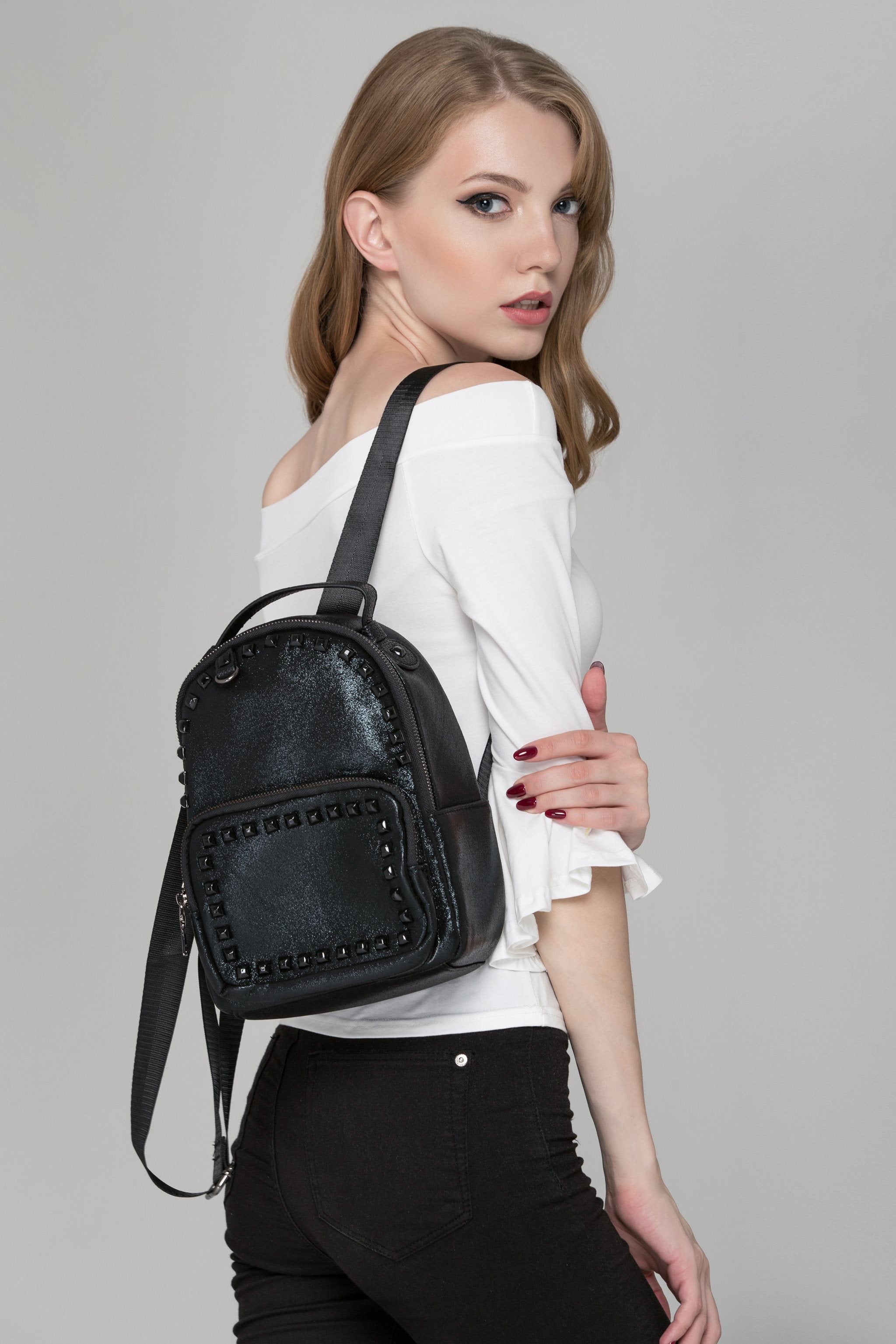 Jet Black Studded Mini Backpack - ownthelooks-Development