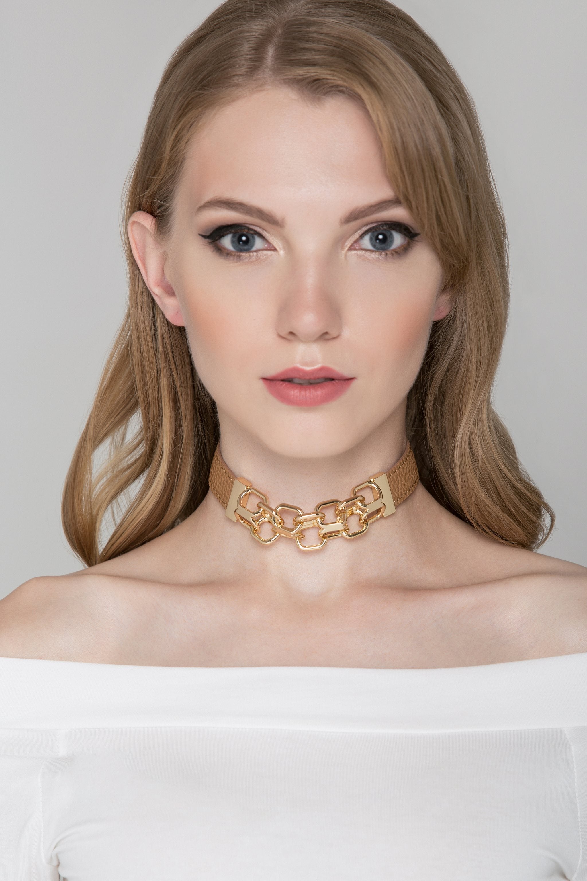 Tan Faux Leather and Gold Chain Detail Choker Necklace - ownthelooks-Development