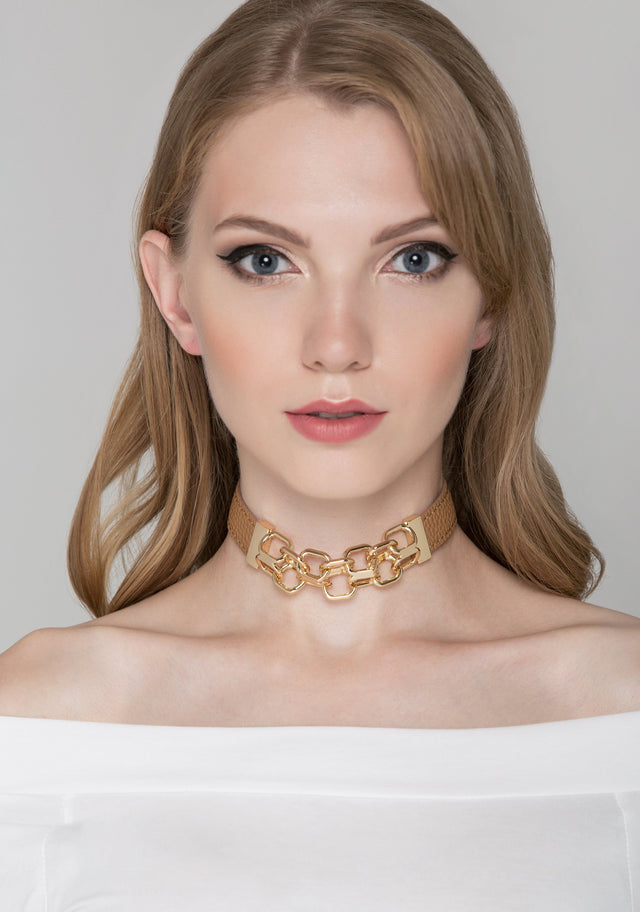 Tan Faux Leather and Gold Chain Detail Choker Necklace - ownthelooks-Development