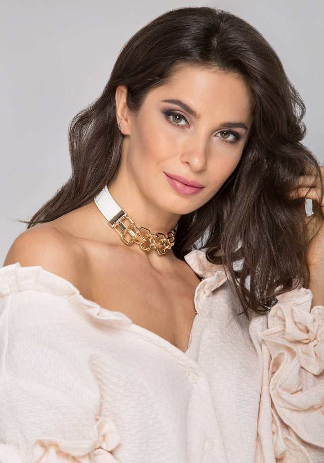 White Faux Leather and Gold Chain Detail Choker Necklace - ownthelooks-Development
